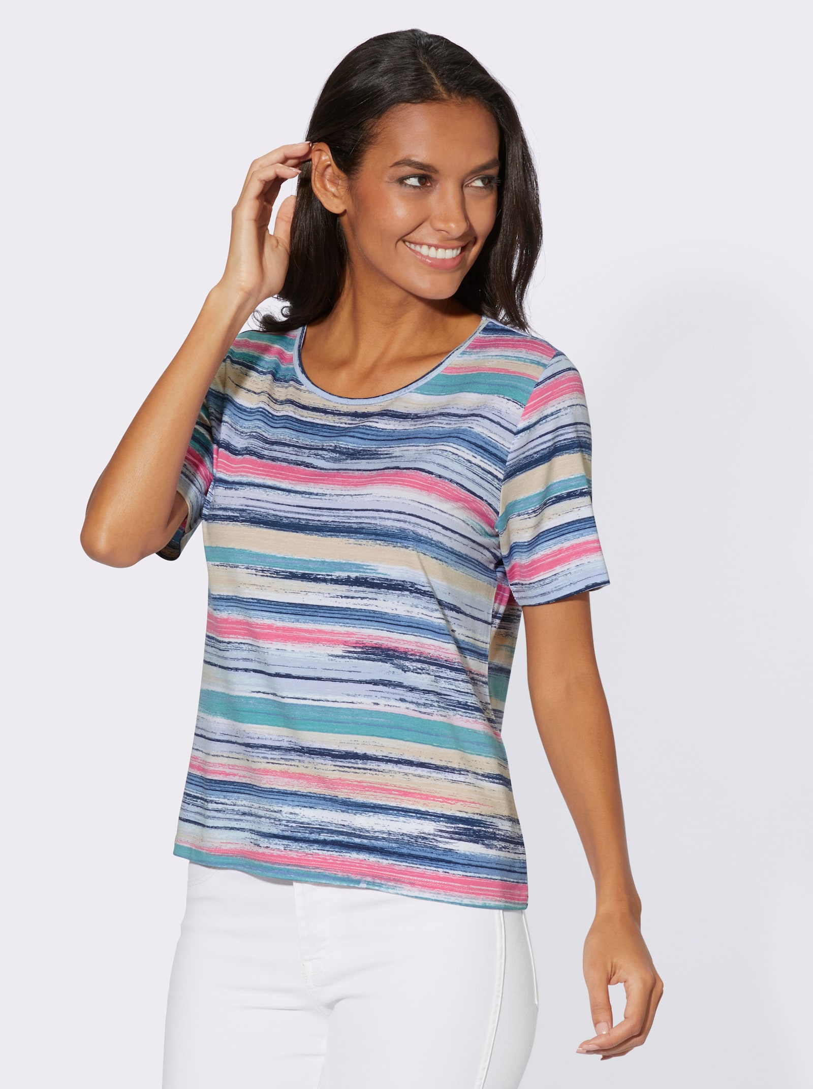 Kurzarmshirt in Viskose-Qualität - hellblau-vanille-bedruckt