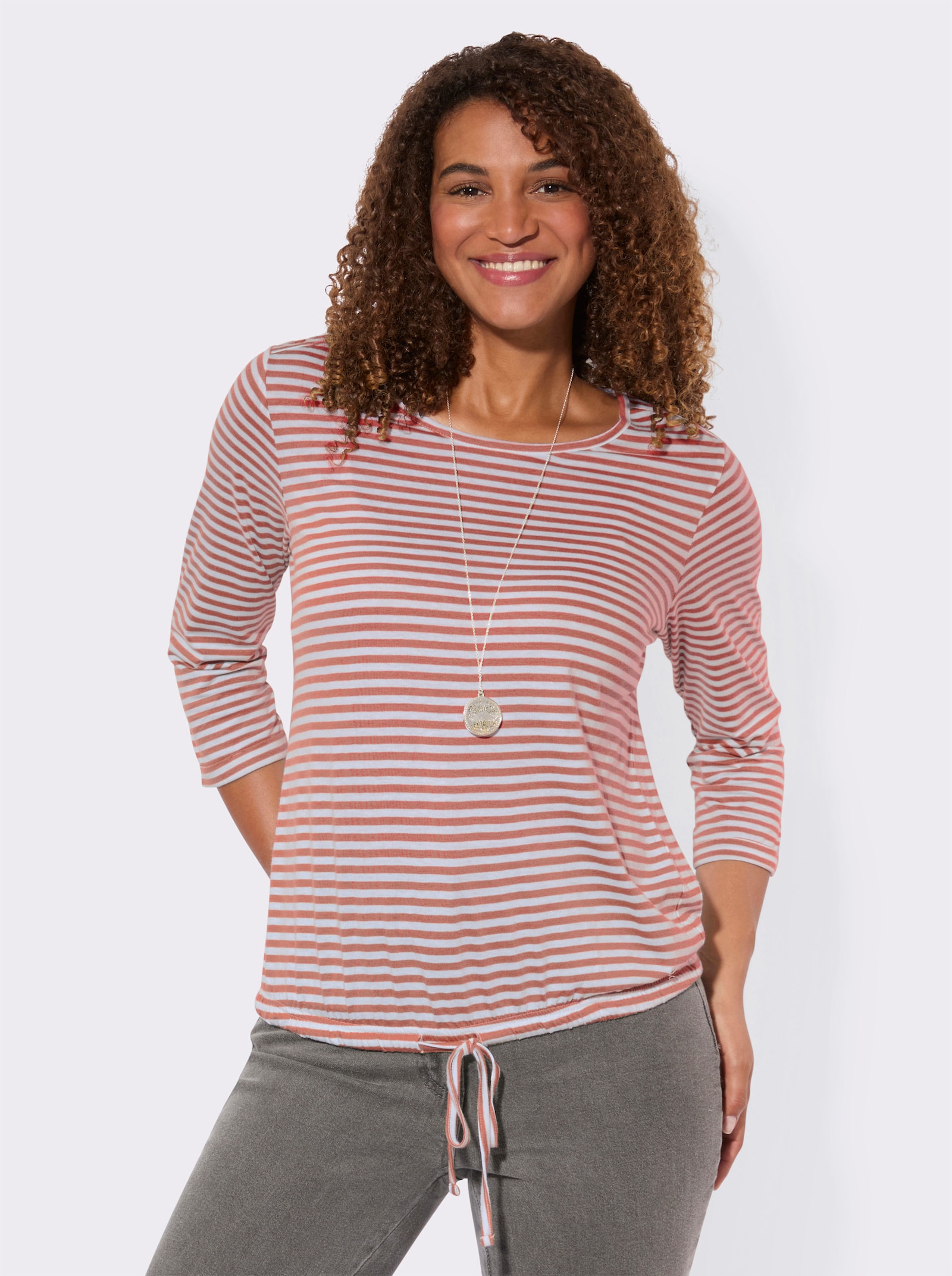 3/4-Arm-Shirt mit Kordel im Saum - papaya-weiß-geringelt