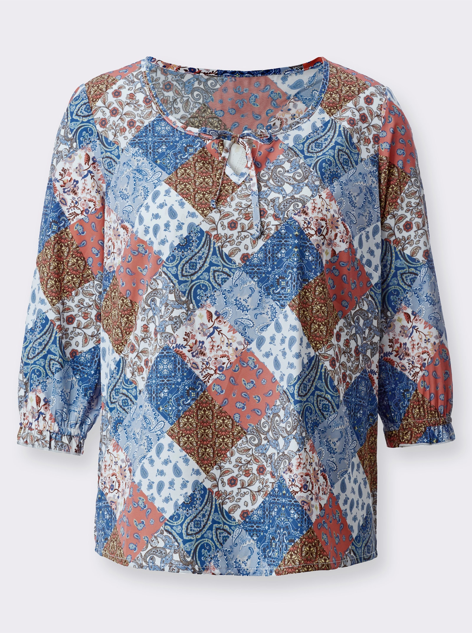 Comfortblouse met patchworkpatroon - duifblauw/terra bedrukt