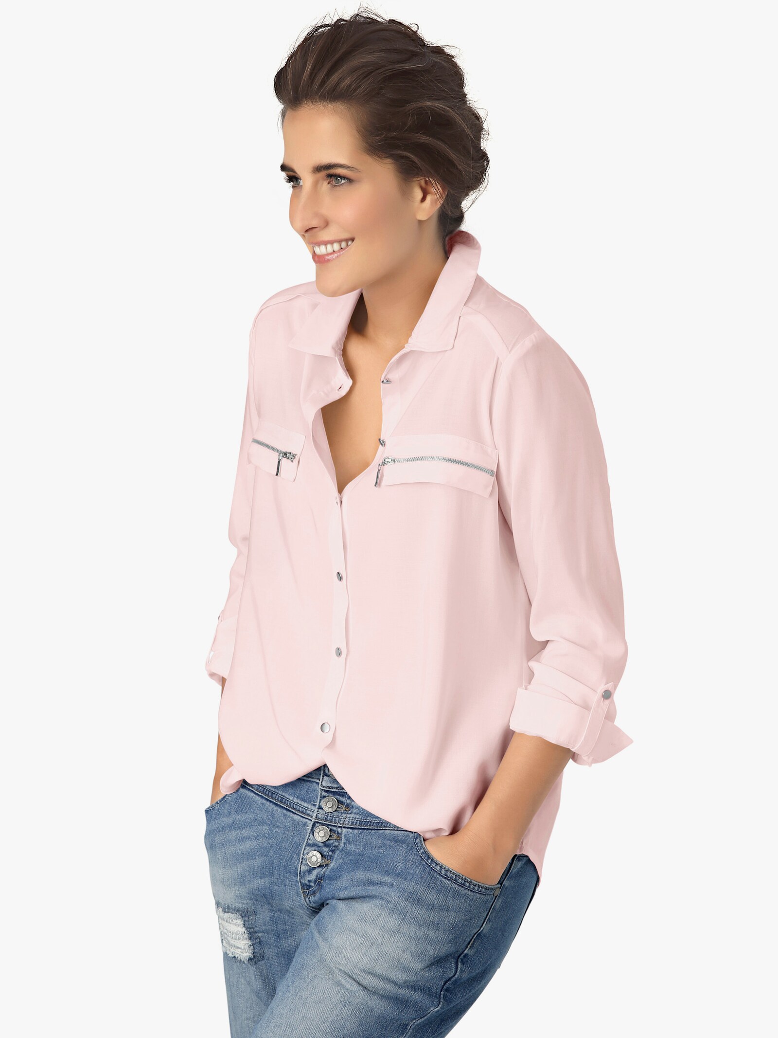 heine Langarm-Bluse mit Zierreißverschlüssen - rosé