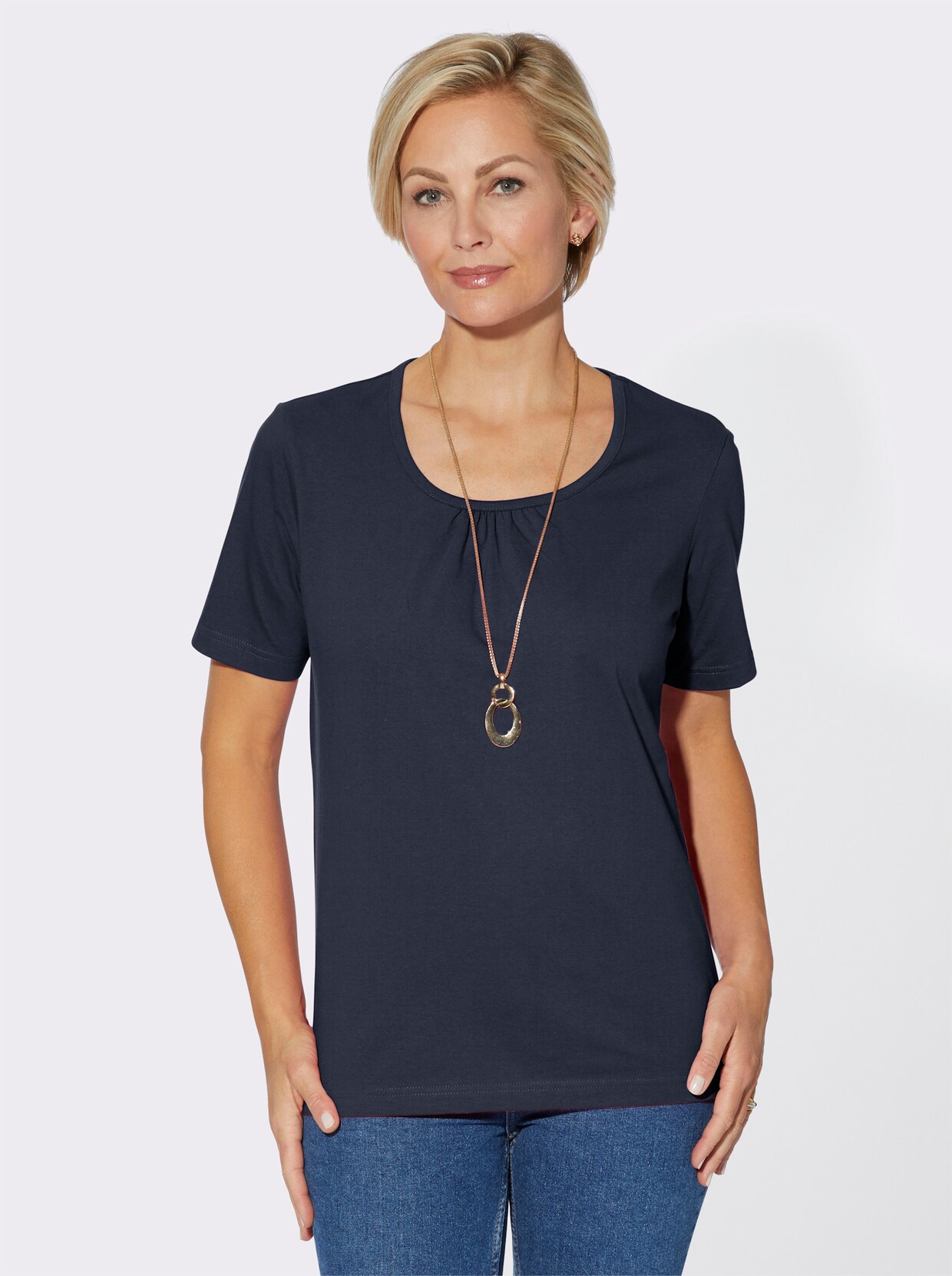 Kurzarmshirt - marine + marine-weiß-bedruckt