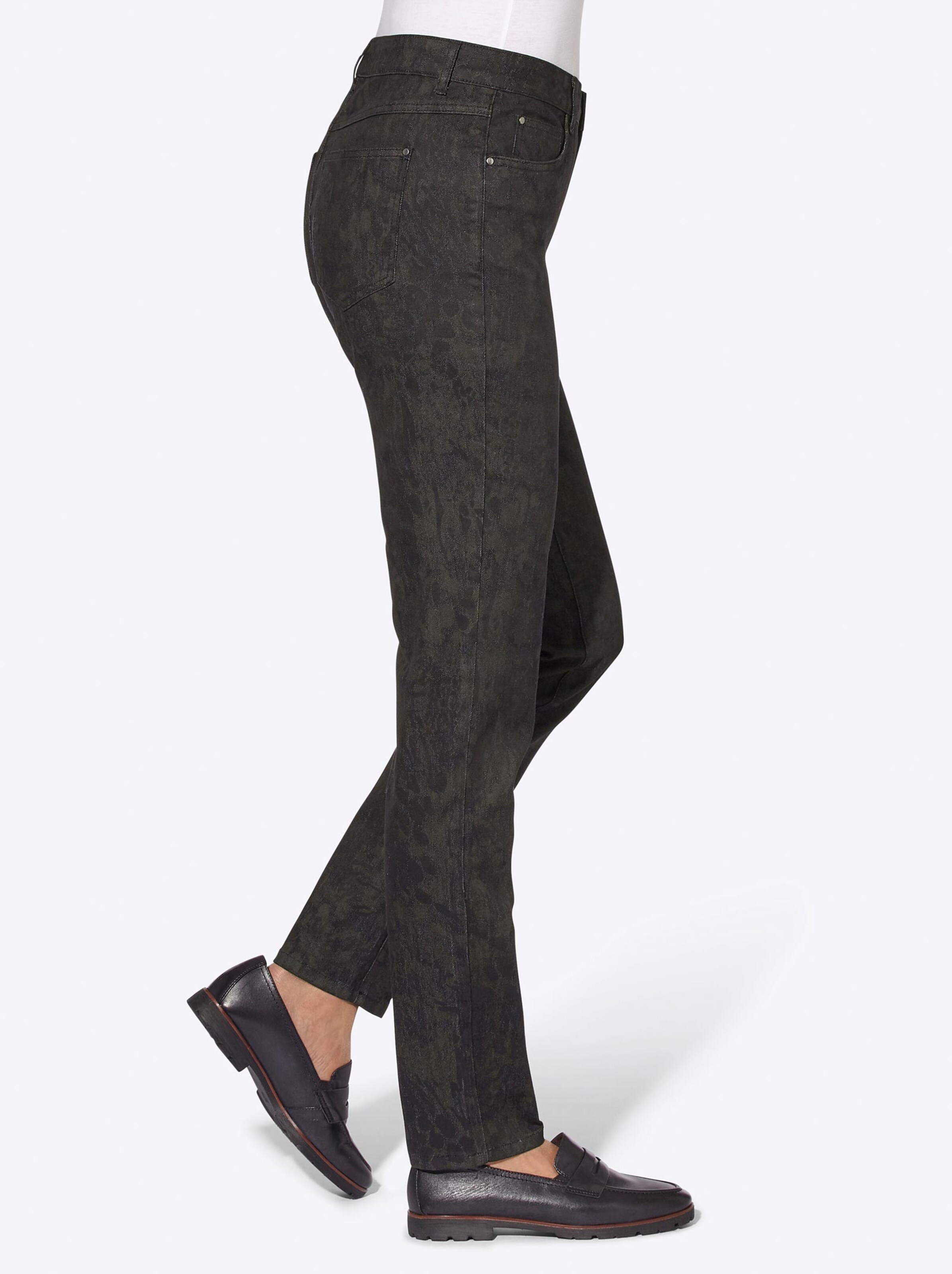 Damenmode Jeans 5-Pocket-Jeans in anthrazit-schwarz-bedruckt 
