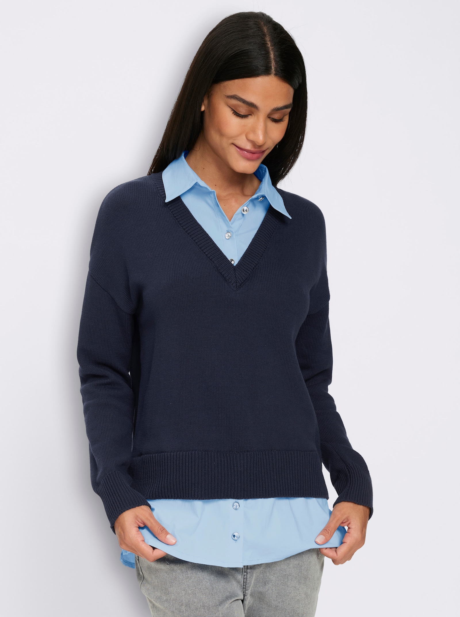 heine Katoenen pullover in 2-in-1-look - marine/ijsblauw