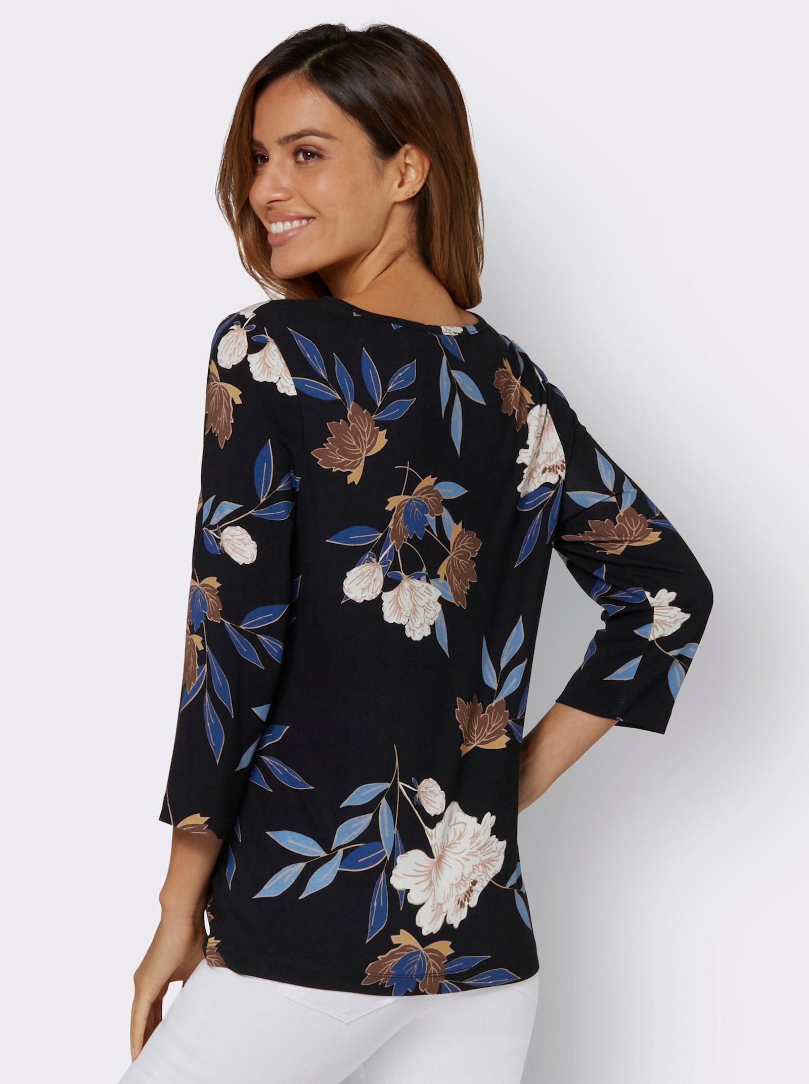 Print-Shirt mit floralem Muster - royalblau-ocker-bedruckt