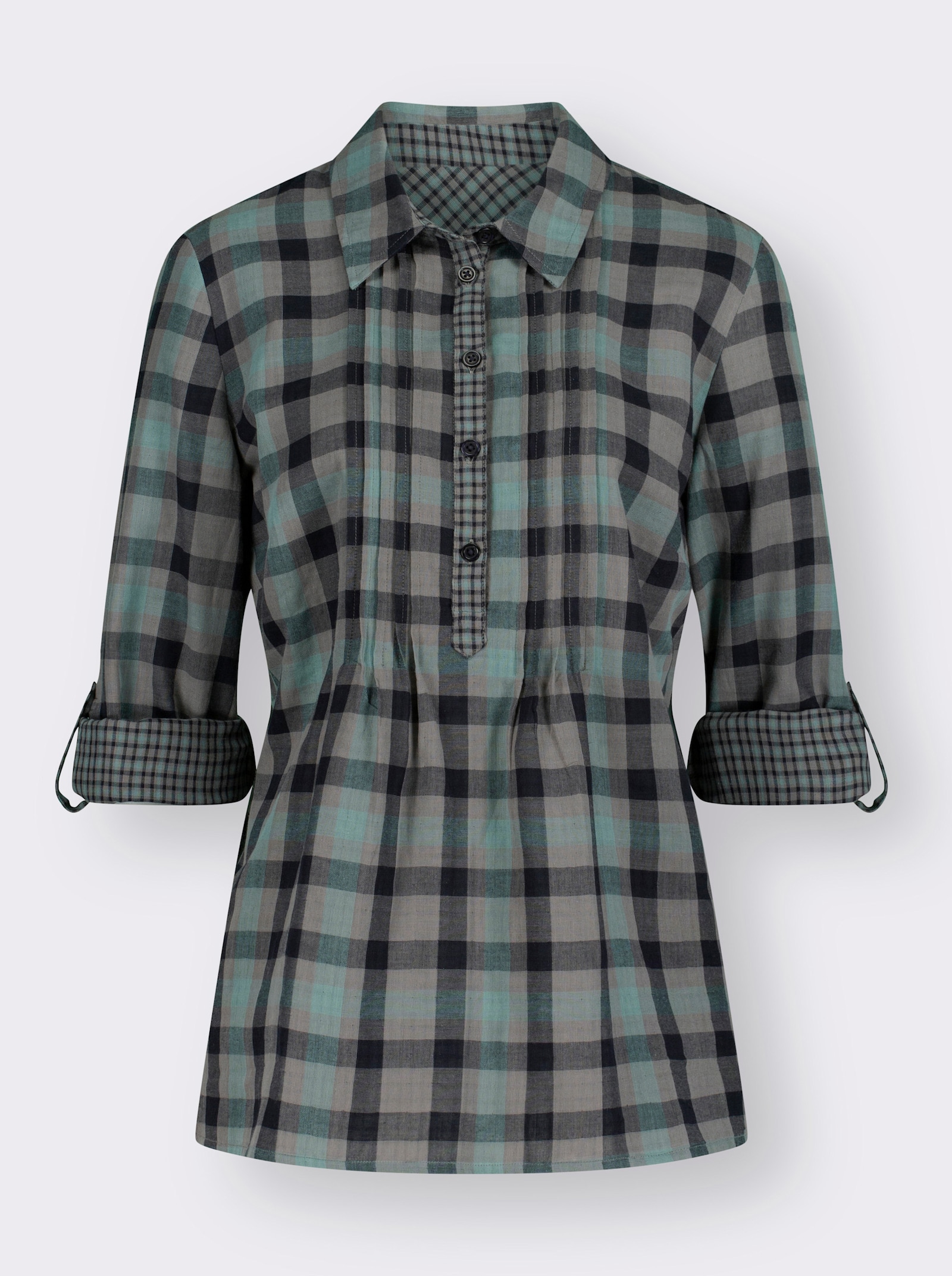 Langarmbluse mit Biesen, kariert - jade-kariert