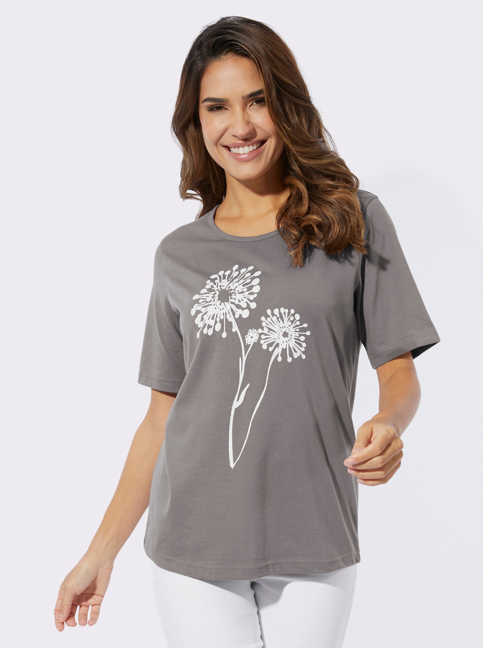 Rundhalsshirt mit floralem Druck - grau-weiß-bedruckt