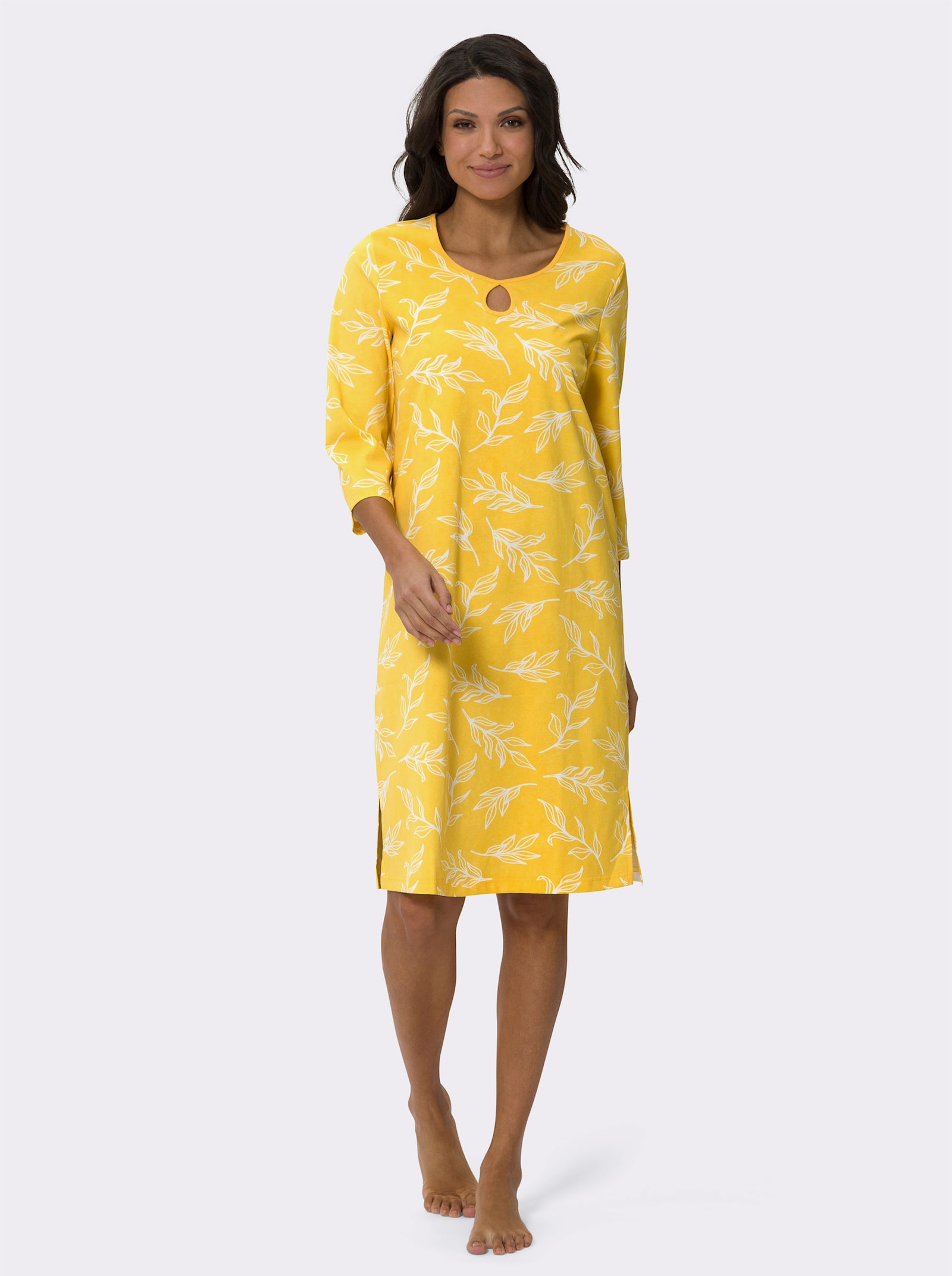 Noční košile s bočními rozparky, čistá bavlna - žlutá-ecru-potisk