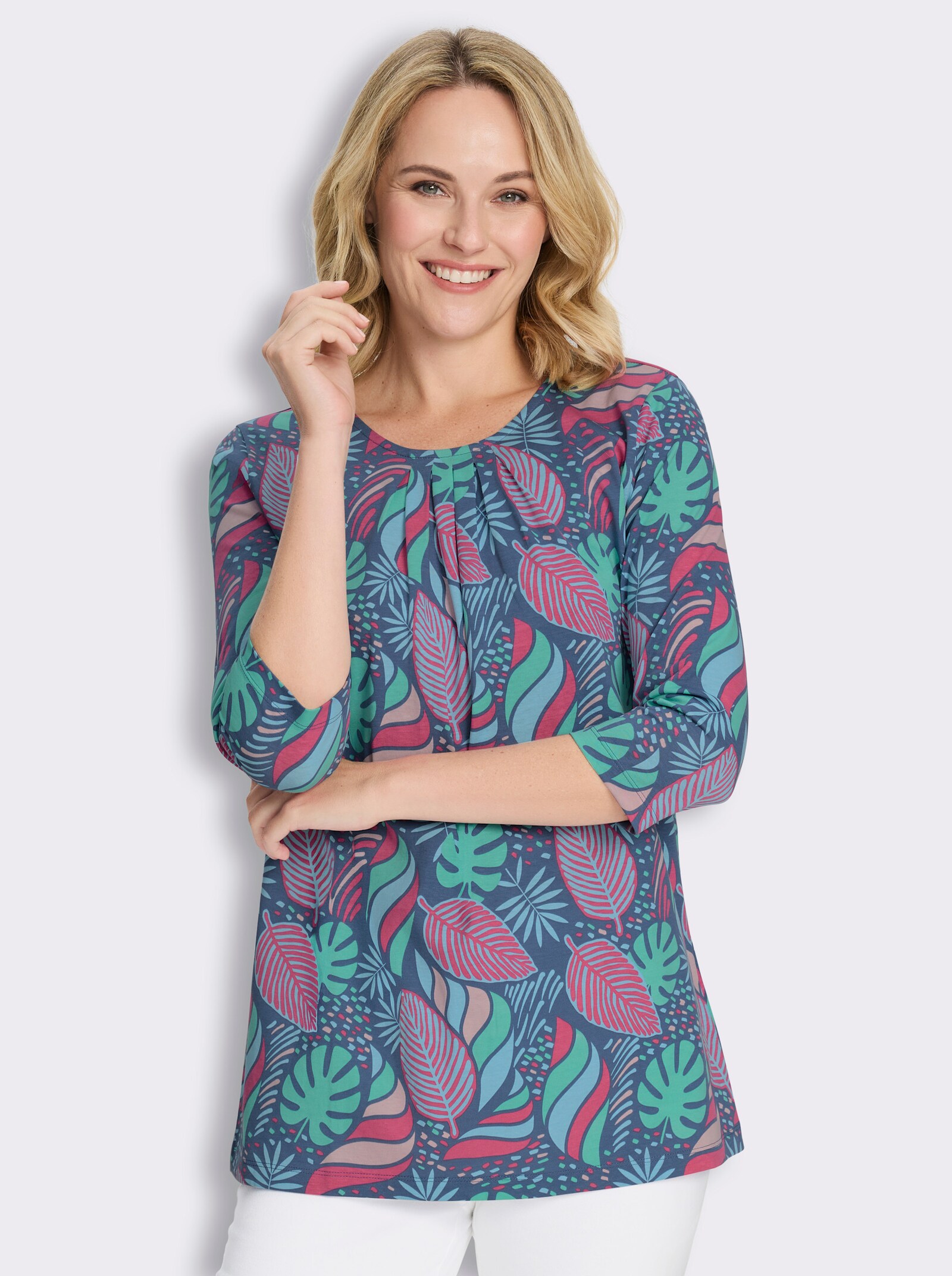 Longshirt in ausgestellter A-Linie - jeansblau-fuchsia-bedruckt