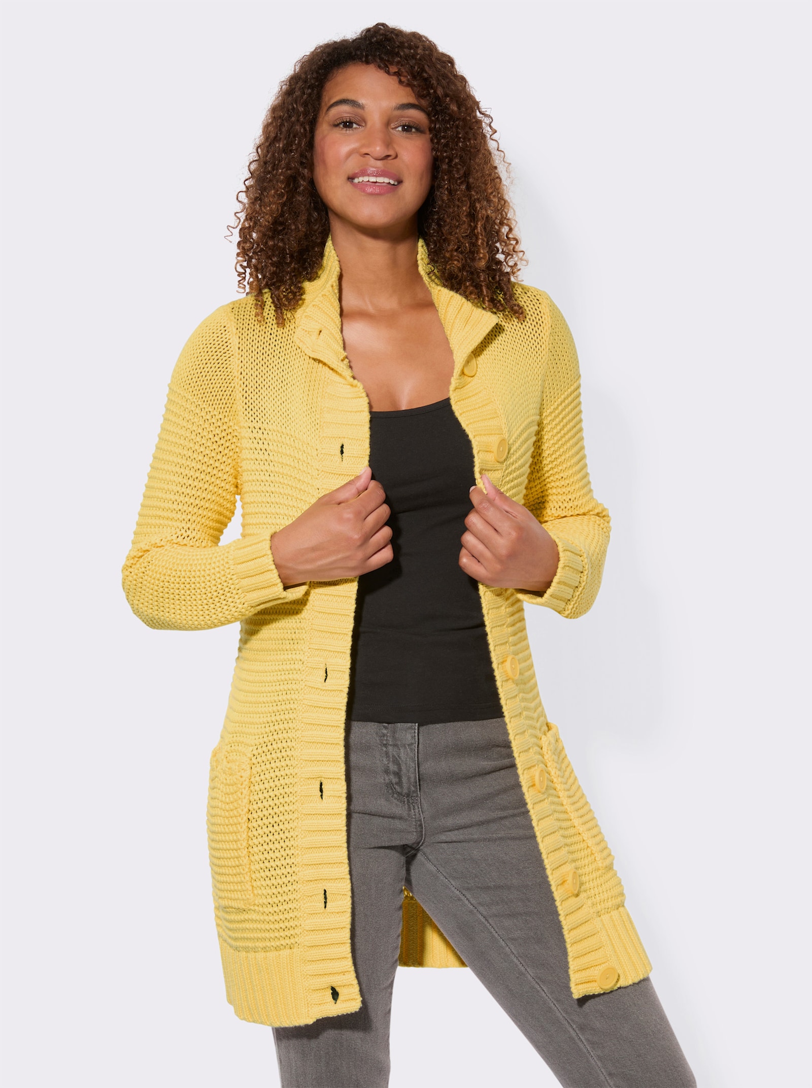 Longstrickjacke mit partiellen Fantasiemuster - zitrone