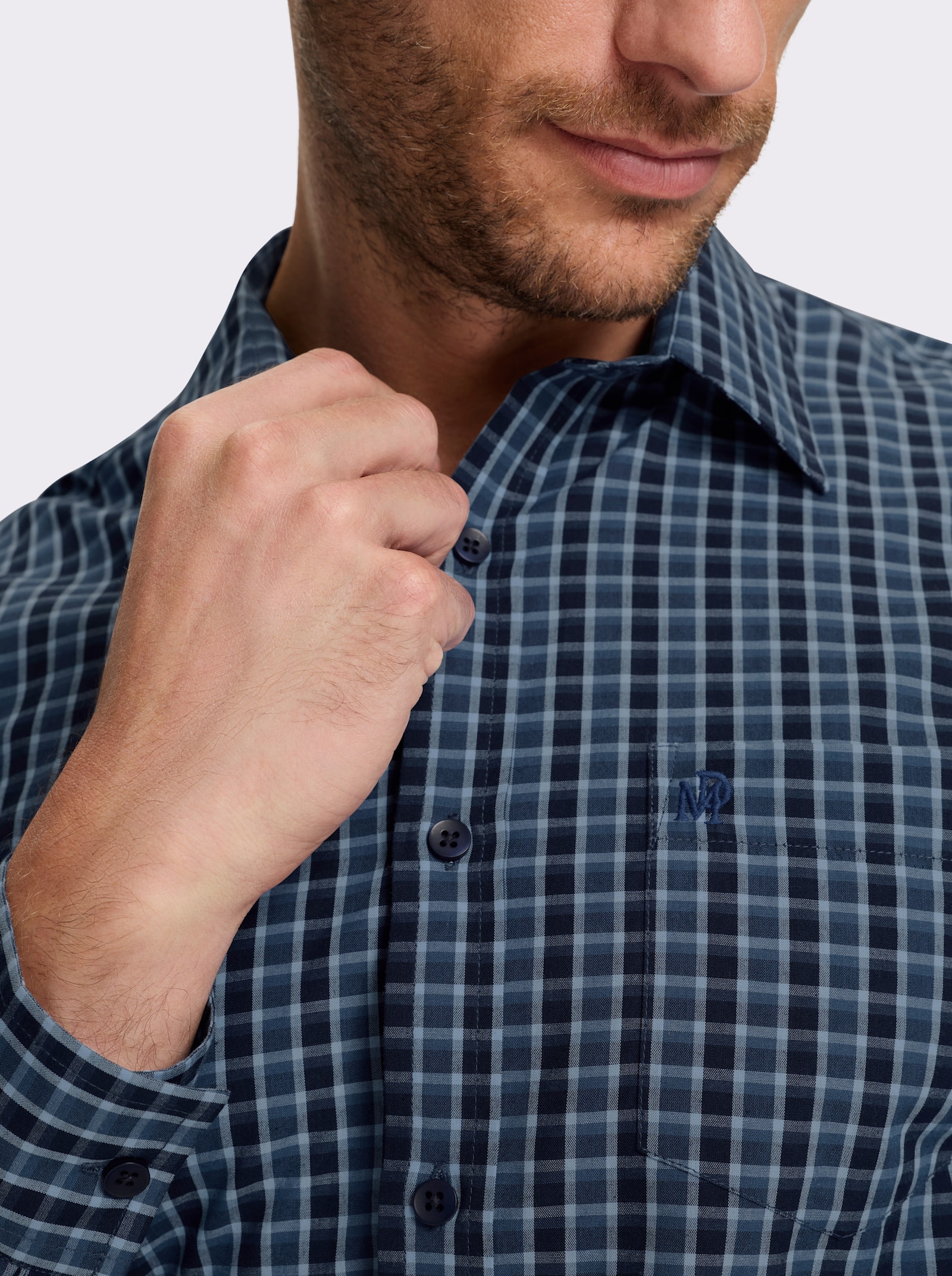 Marco Donati Langarmhemd in bügelfreier Popeline-Qualität - marine-jeansblau-kariert