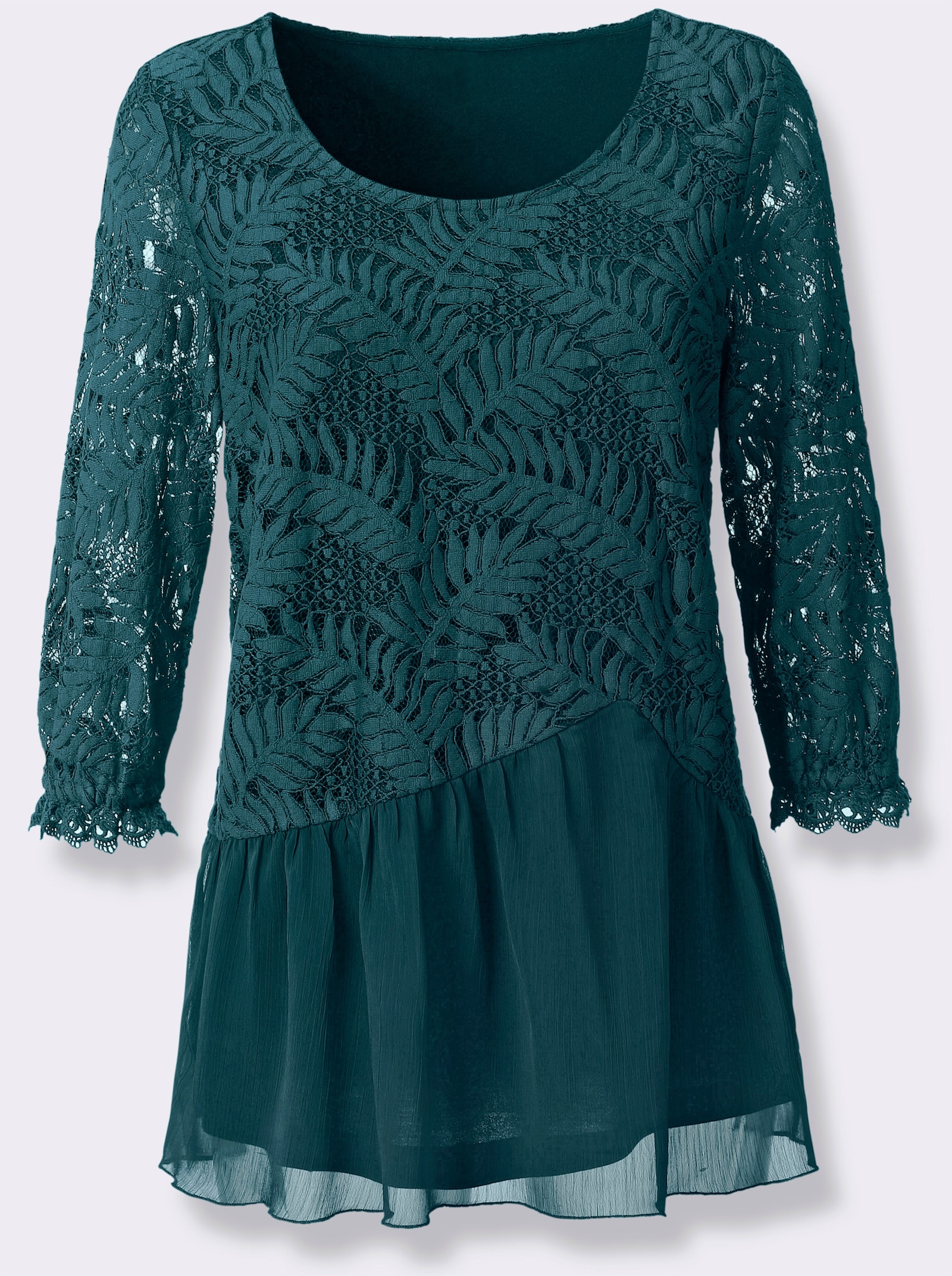 Chiffonblouse met katoenen kant - petrol