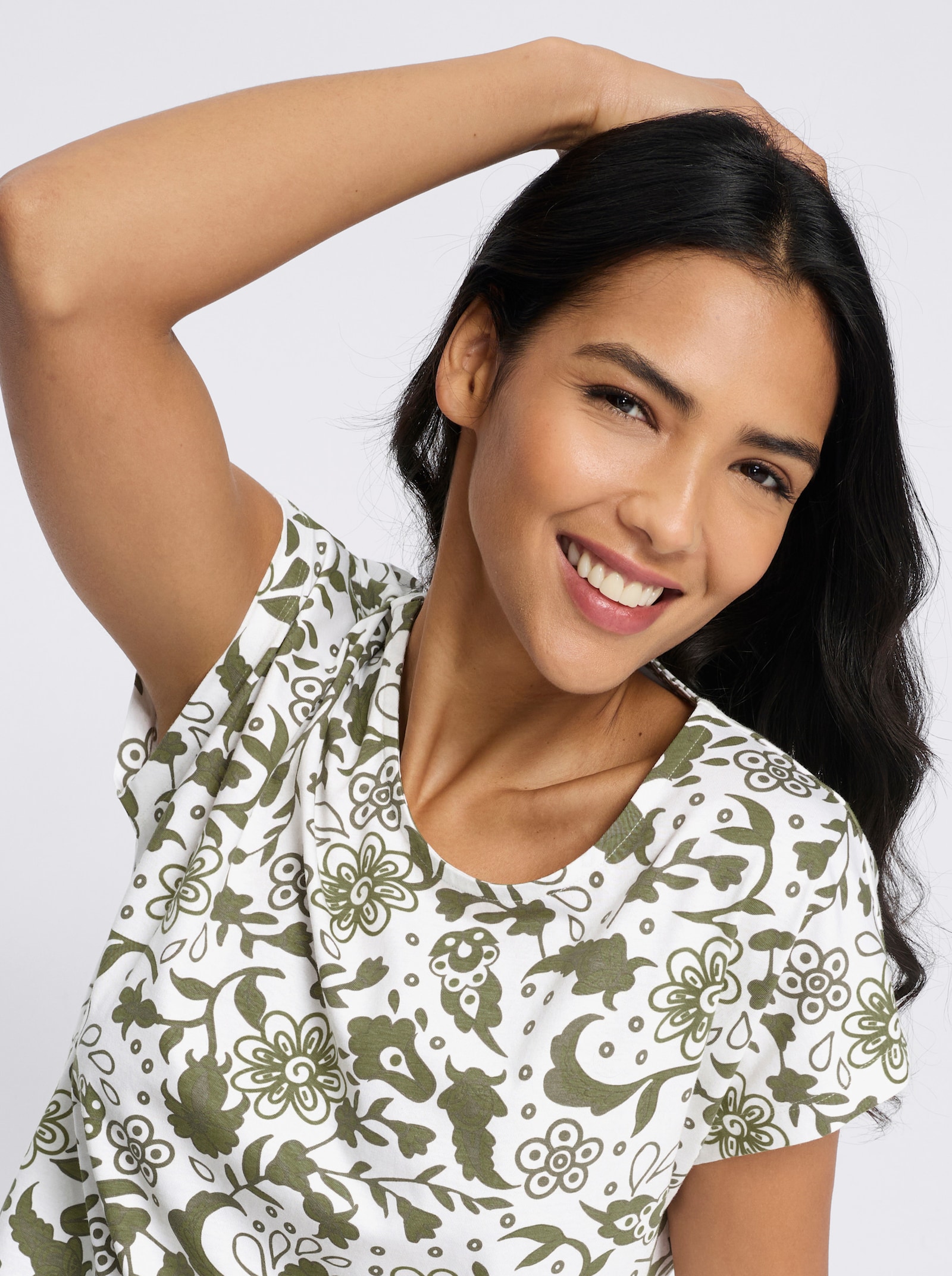 Kurzarmshirt im Paisley-Blüten-Mix - khaki-schilf-bedruckt