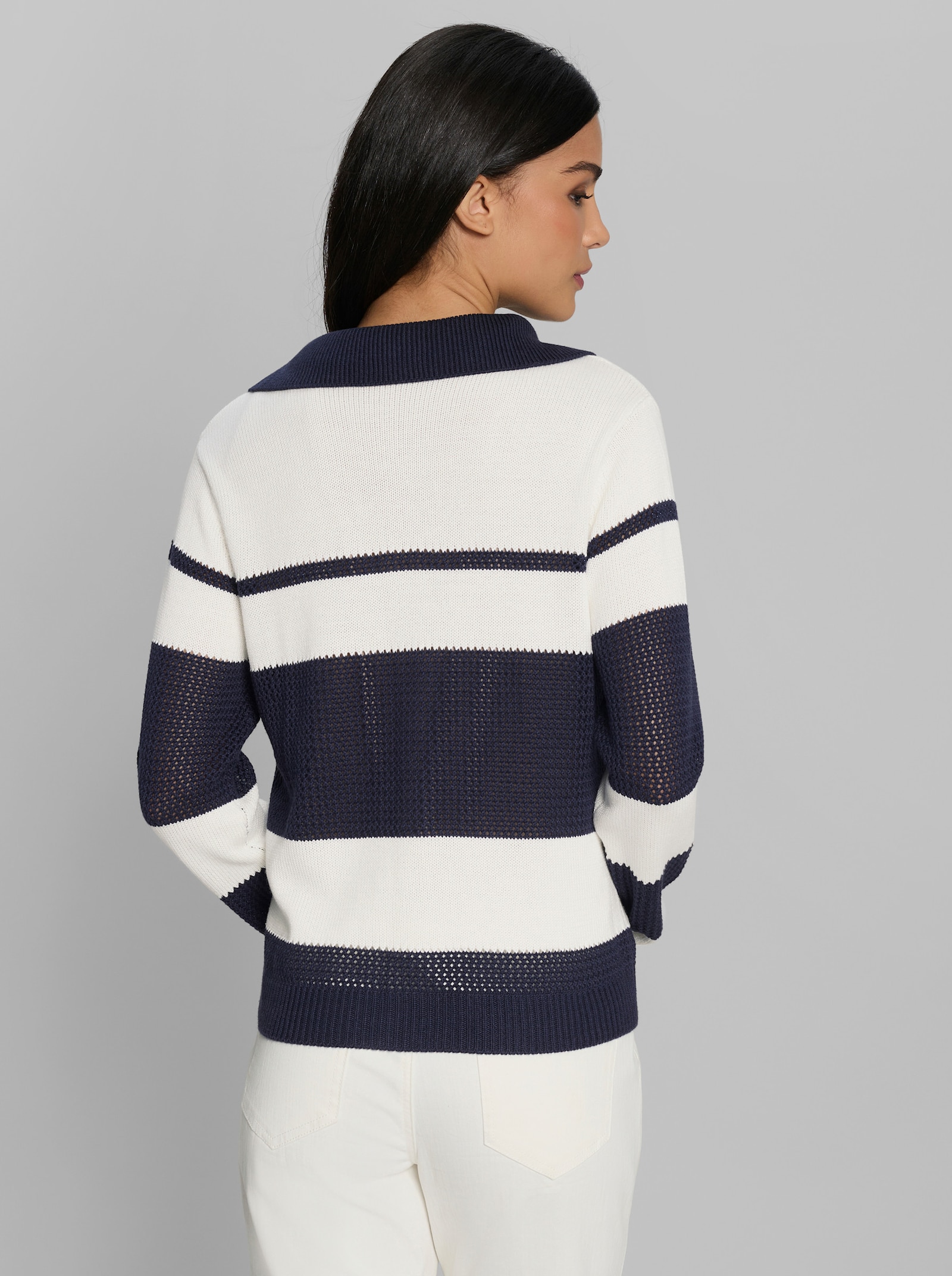 heine Strickjacke mit Ajour-Einsätzen - marine-ecru-gemustert