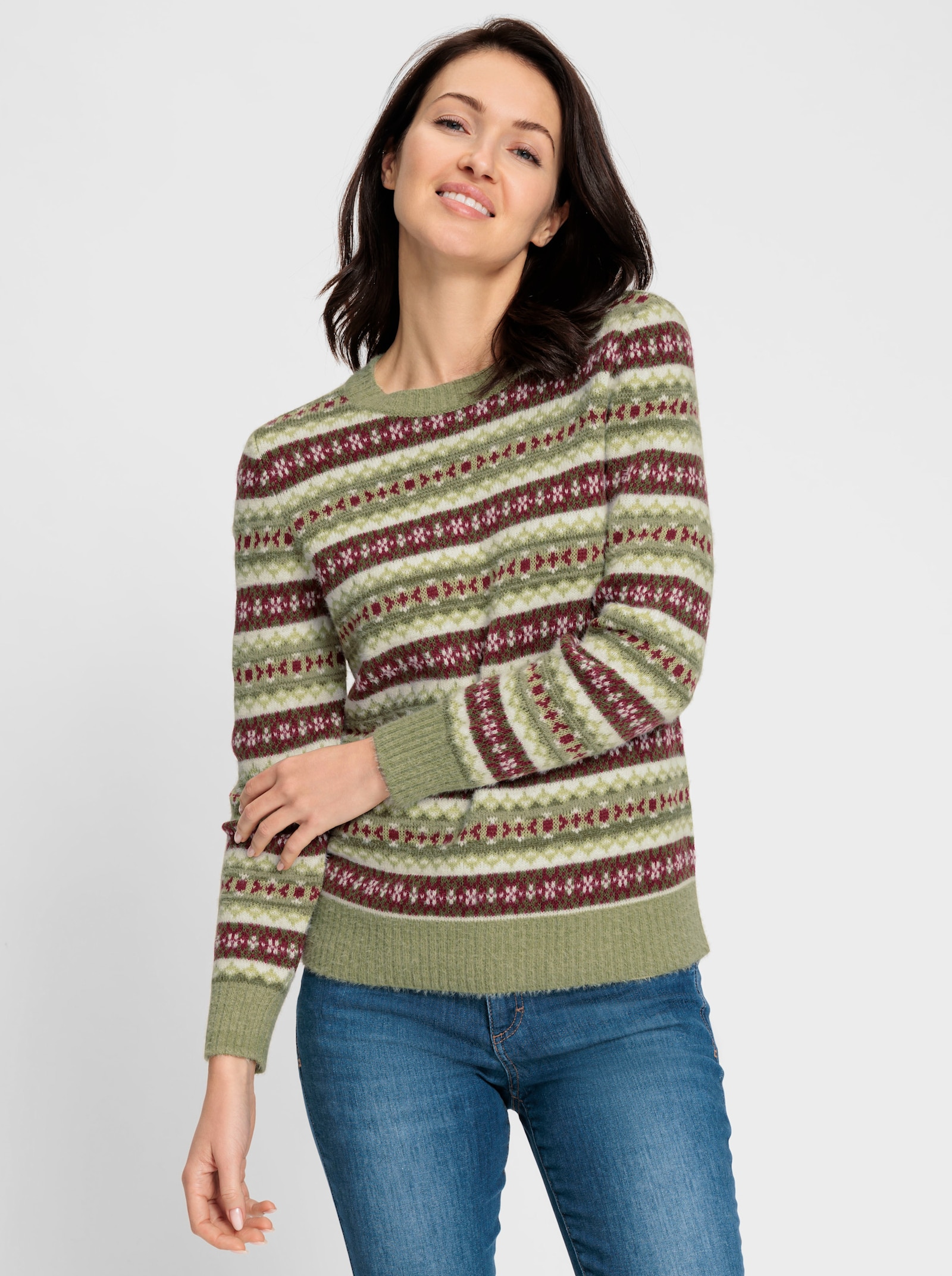 Jacquardpullover mit Merino Anteil - schilf-bordeaux-gemustert