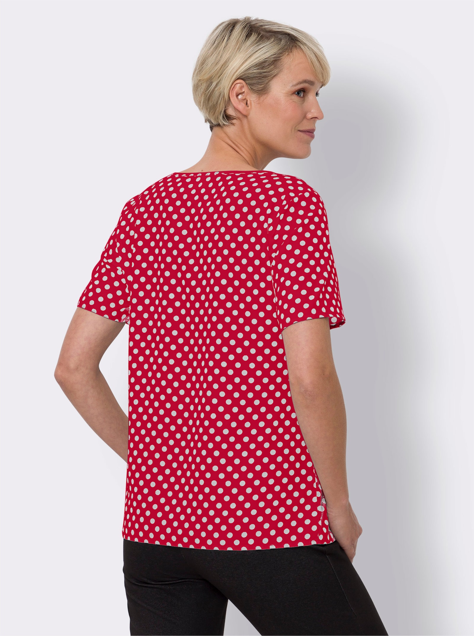 Comfortblouse met rimpeling, gestippeld - rood/wit gestippeld