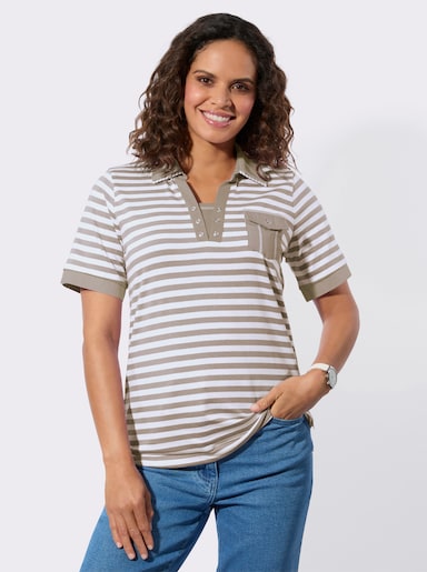 Poloshirt met sieroogjes - sesam/wit gestreept