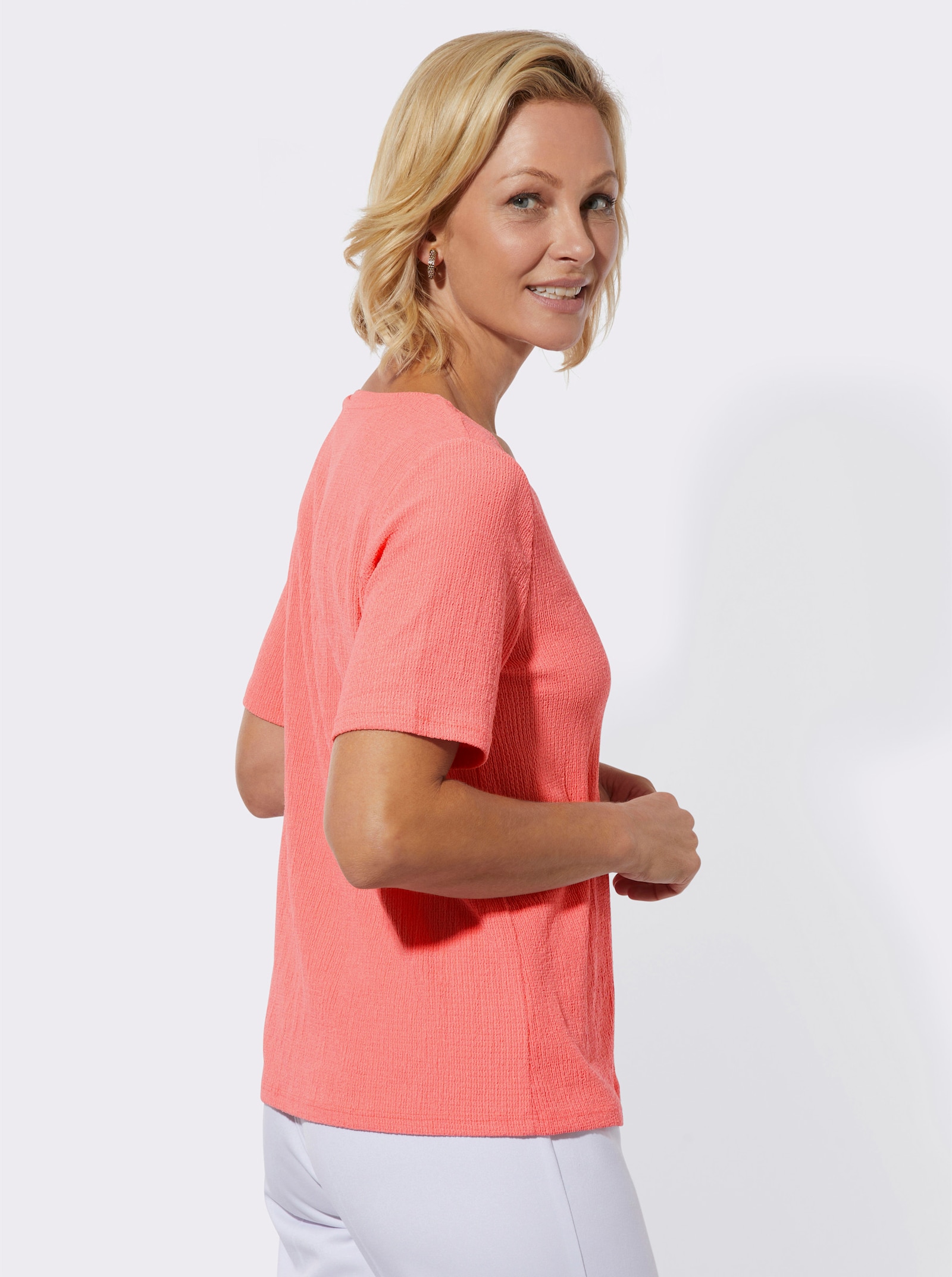 Kurzarmshirt mit Spitzenbesatz - flamingo