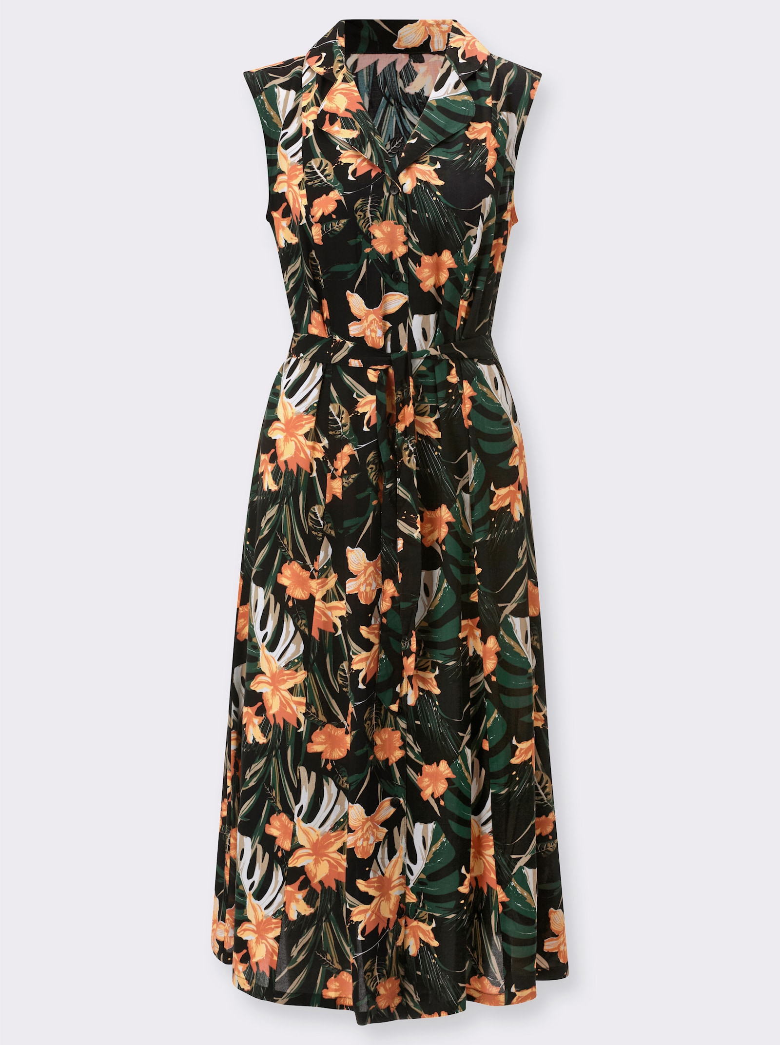 Sommerkleid mit durchgehender Knopfleiste - schwarz-gelb-bedruckt