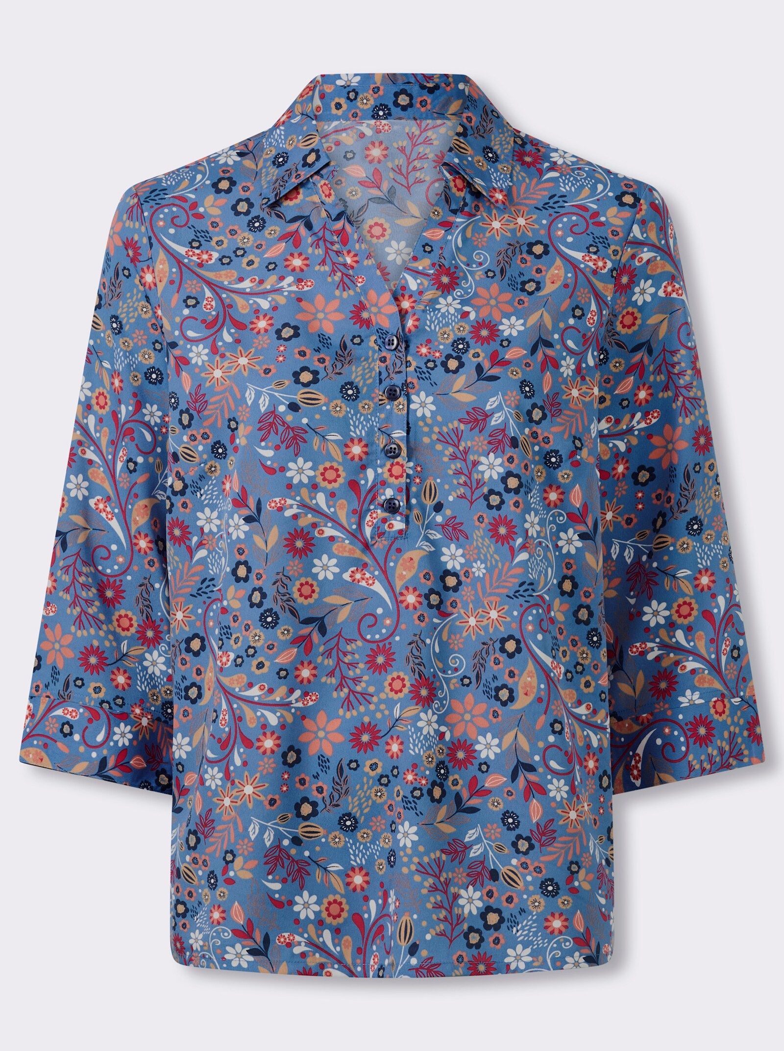 Druckbluse mit Blumen-Muster - dunkelblau-papaya-bedruckt