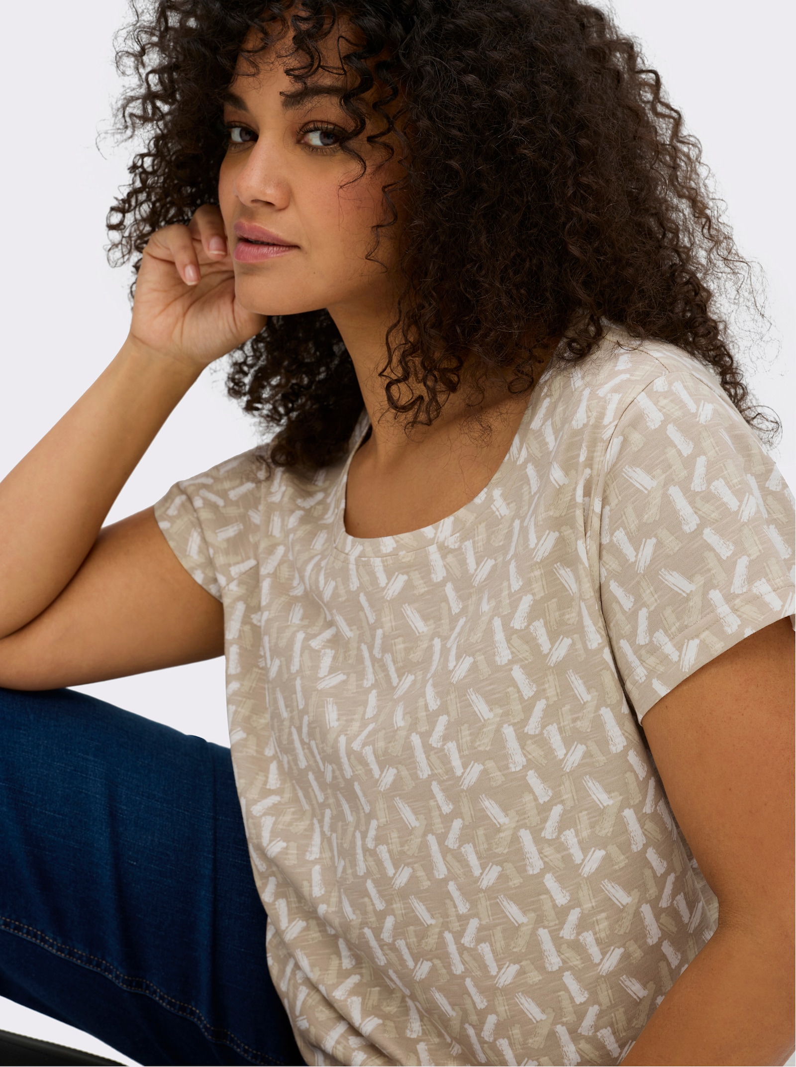 Rundhalsshirt mit Flammgarn-Struktur - beige-ecru-bedruckt