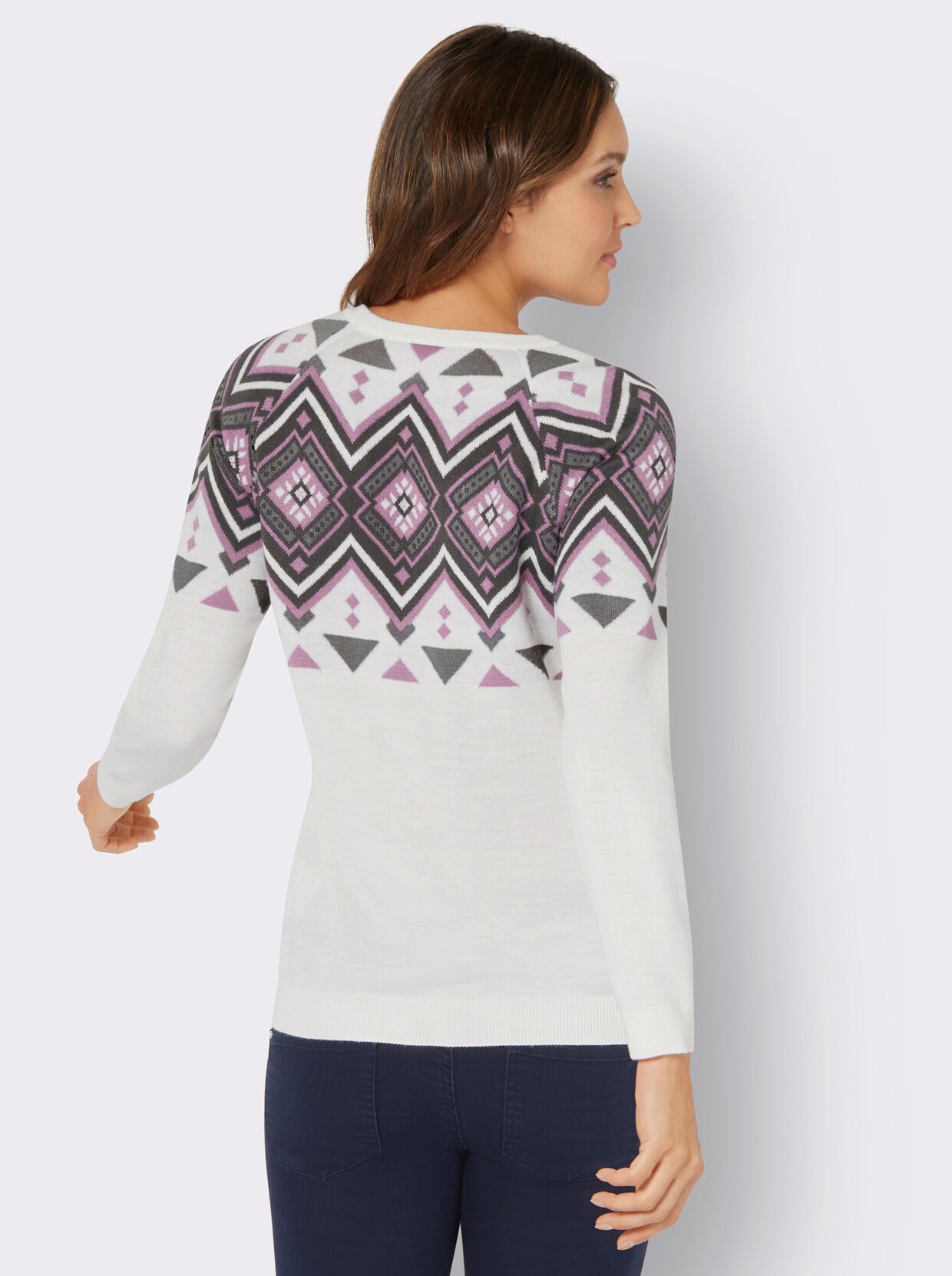 Rundhals-Pullover - ecru-orchidee-gemustert