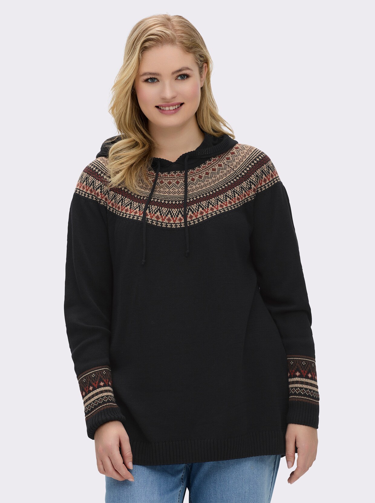 sheego Kapuzenpullover mit Jacquardmuster - schwarz-beige-gemustert