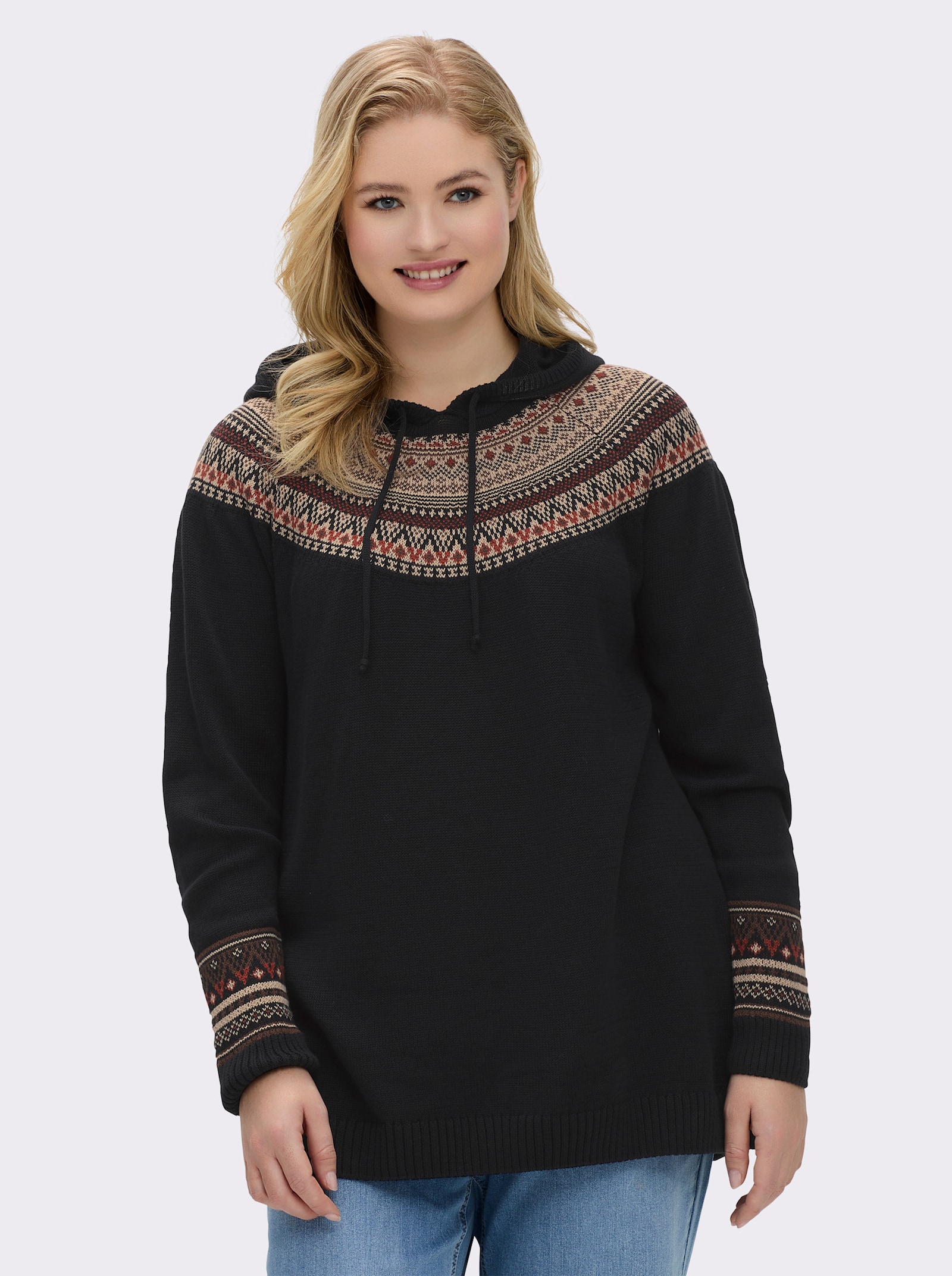 sheego Kapuzenpullover mit Jacquardmuster - schwarz-beige-gemustert