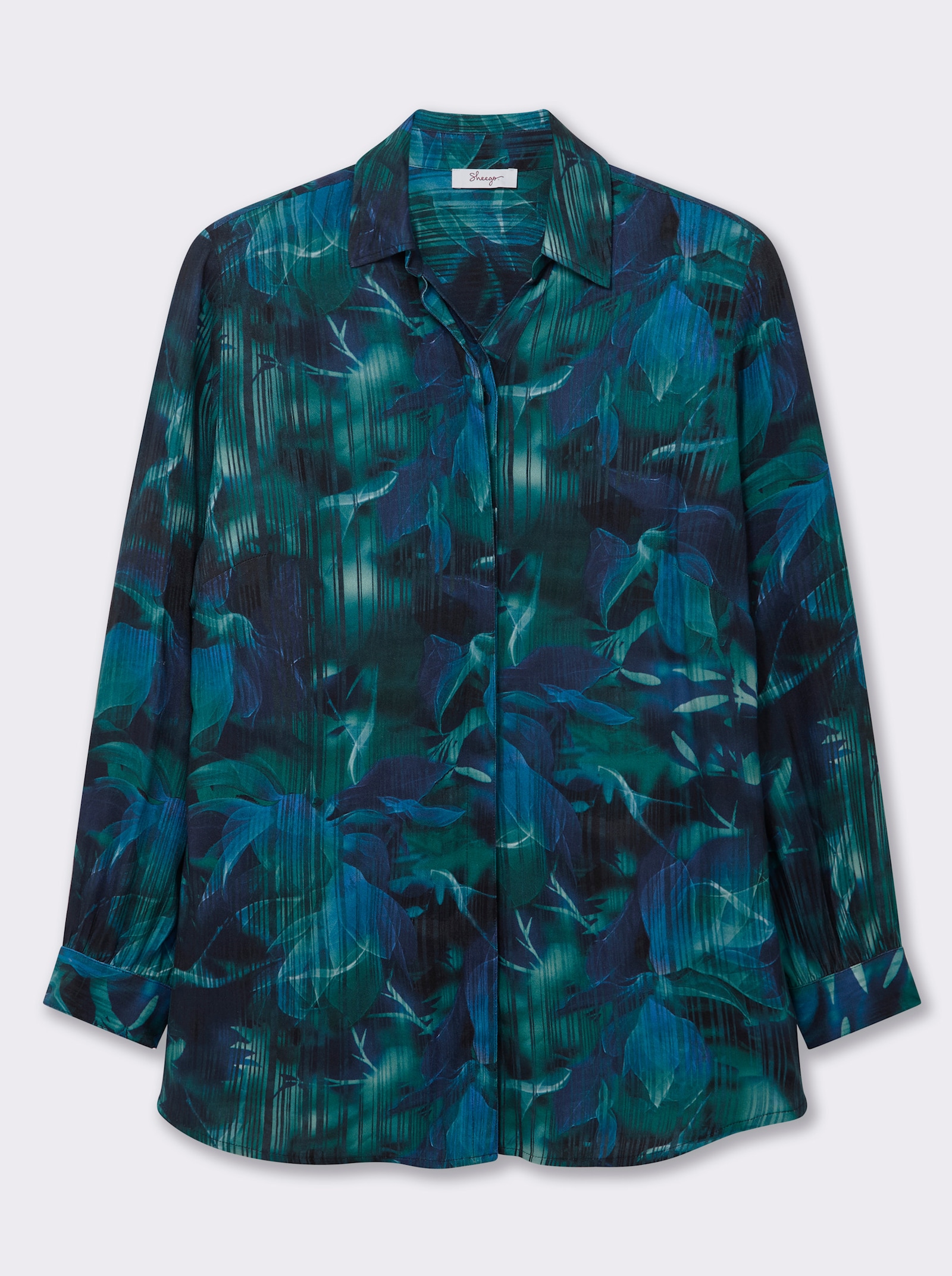 sheego Longbluse mit Blumenprint und Streifen - tiefblau-bedruckt