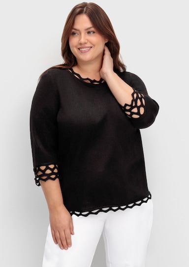 3/4 Arm-Pullover mit Zierborte - schwarz