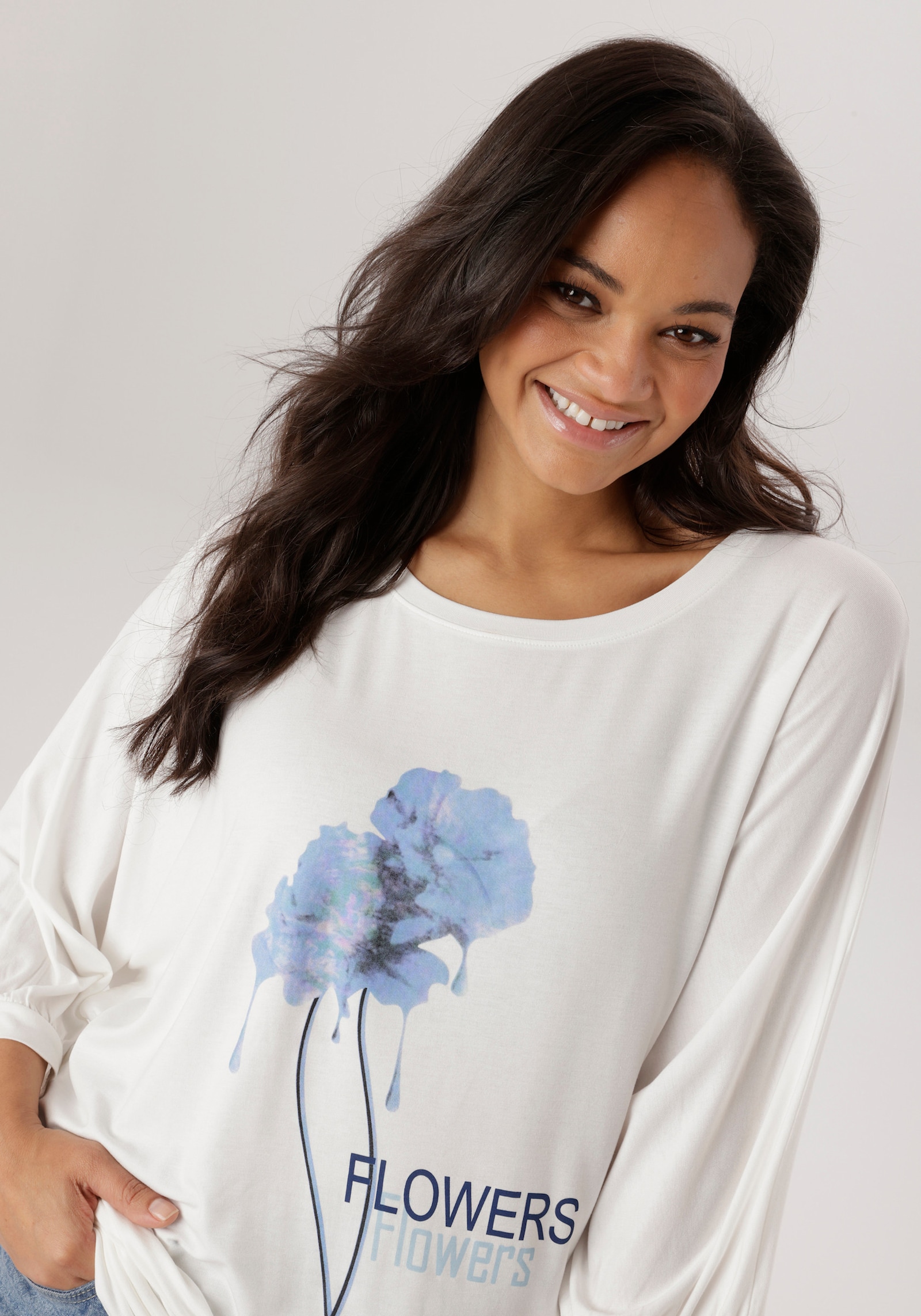 Aniston PLUS Fledermausshirt - weiß-blau