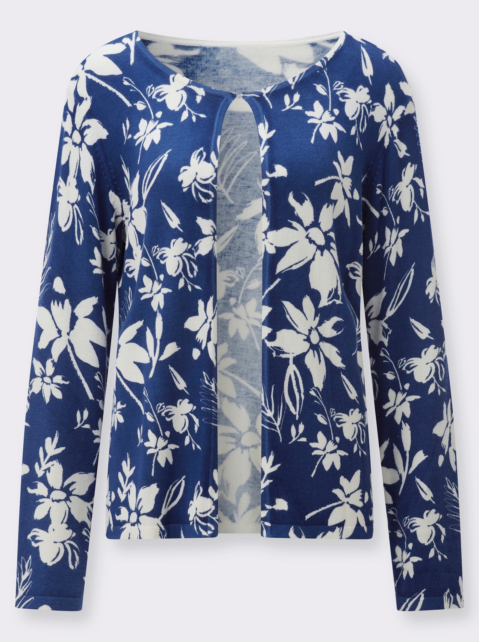 Cardigan mit Hakenverschluss - champagner-royalblau-bedruckt