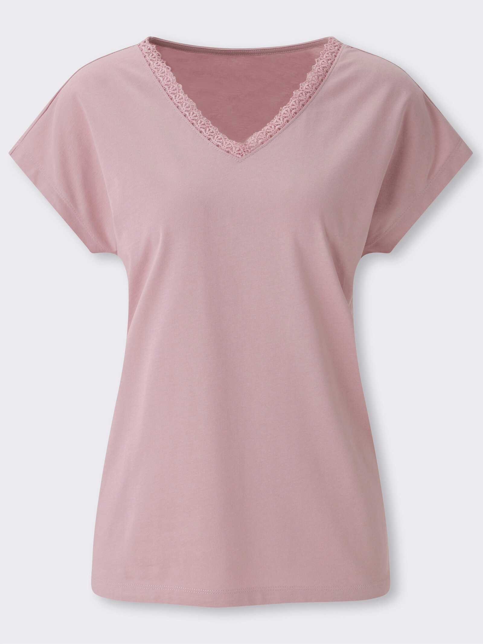 Kurzarmshirt mit Spitze am V-Ausschnitt - mauve
