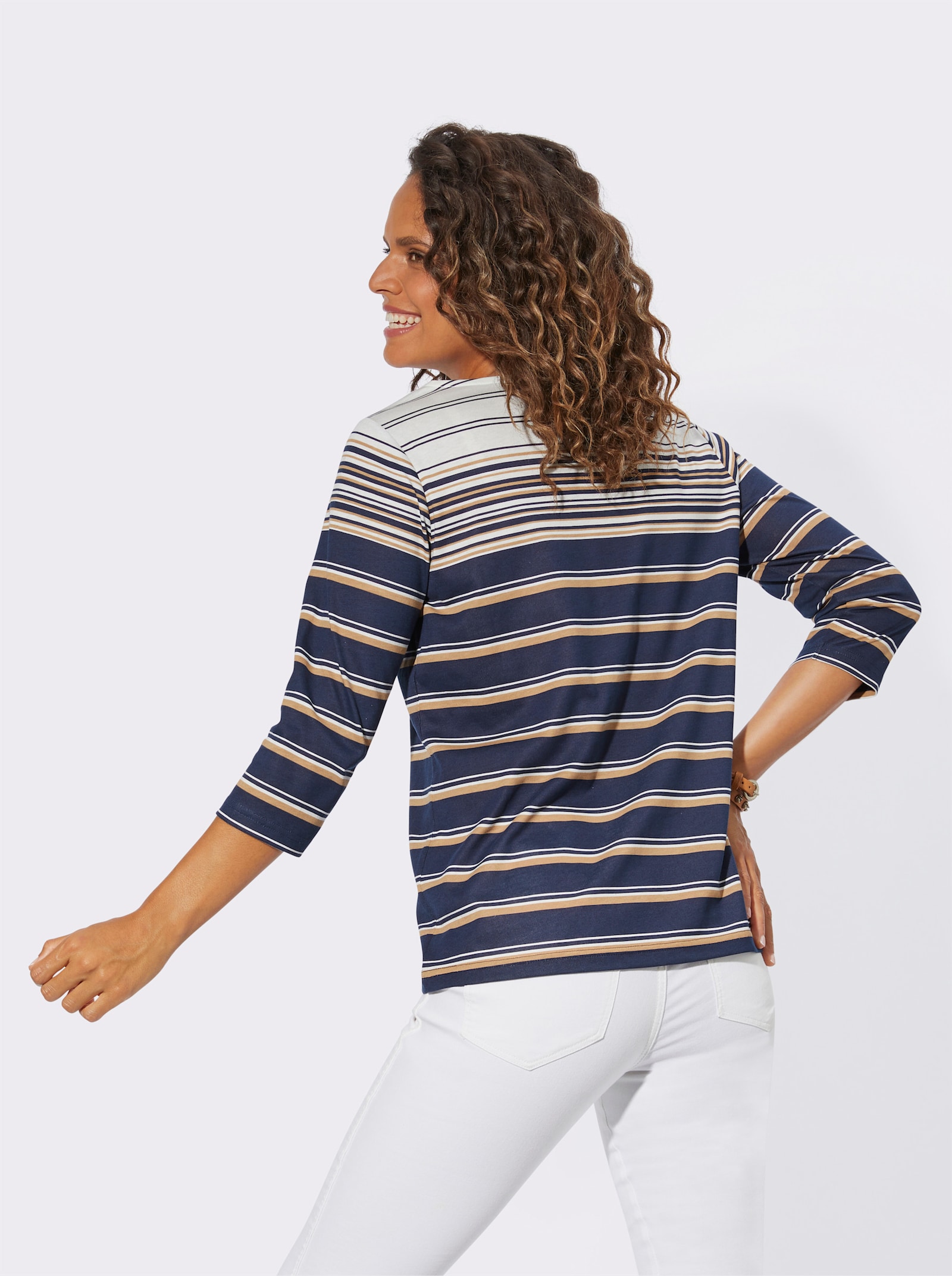 Gestreept shirt van katoen en modal - marine/camel gestreept