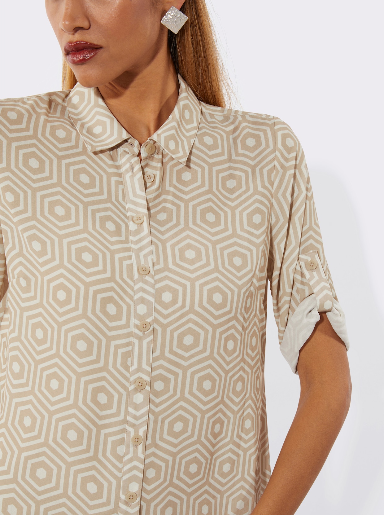 Hemdbluse - ecru-sand-gemustert