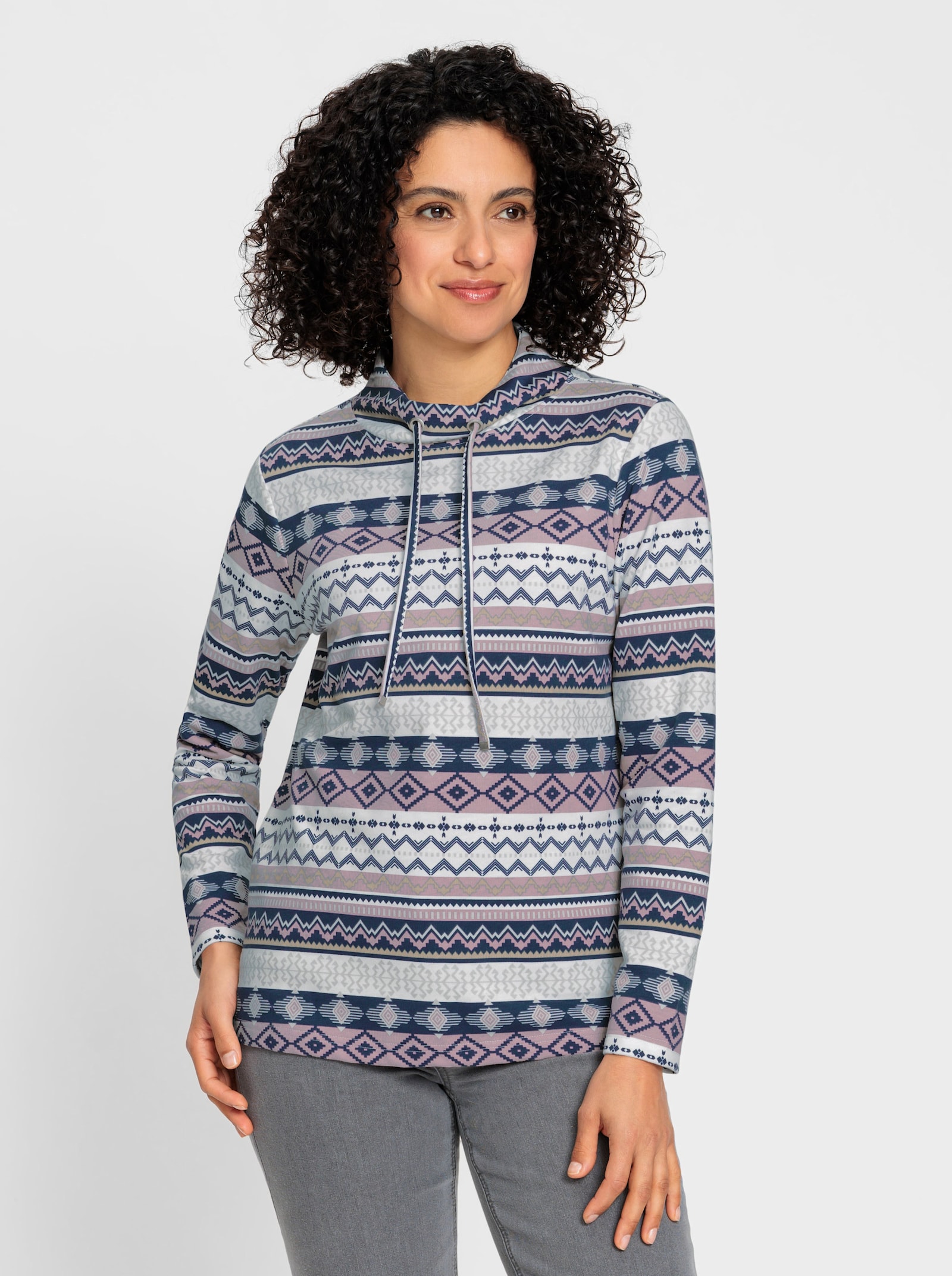 Sweatshirt mit halsfernem Stehkragen - ecru-mauve-bedruckt