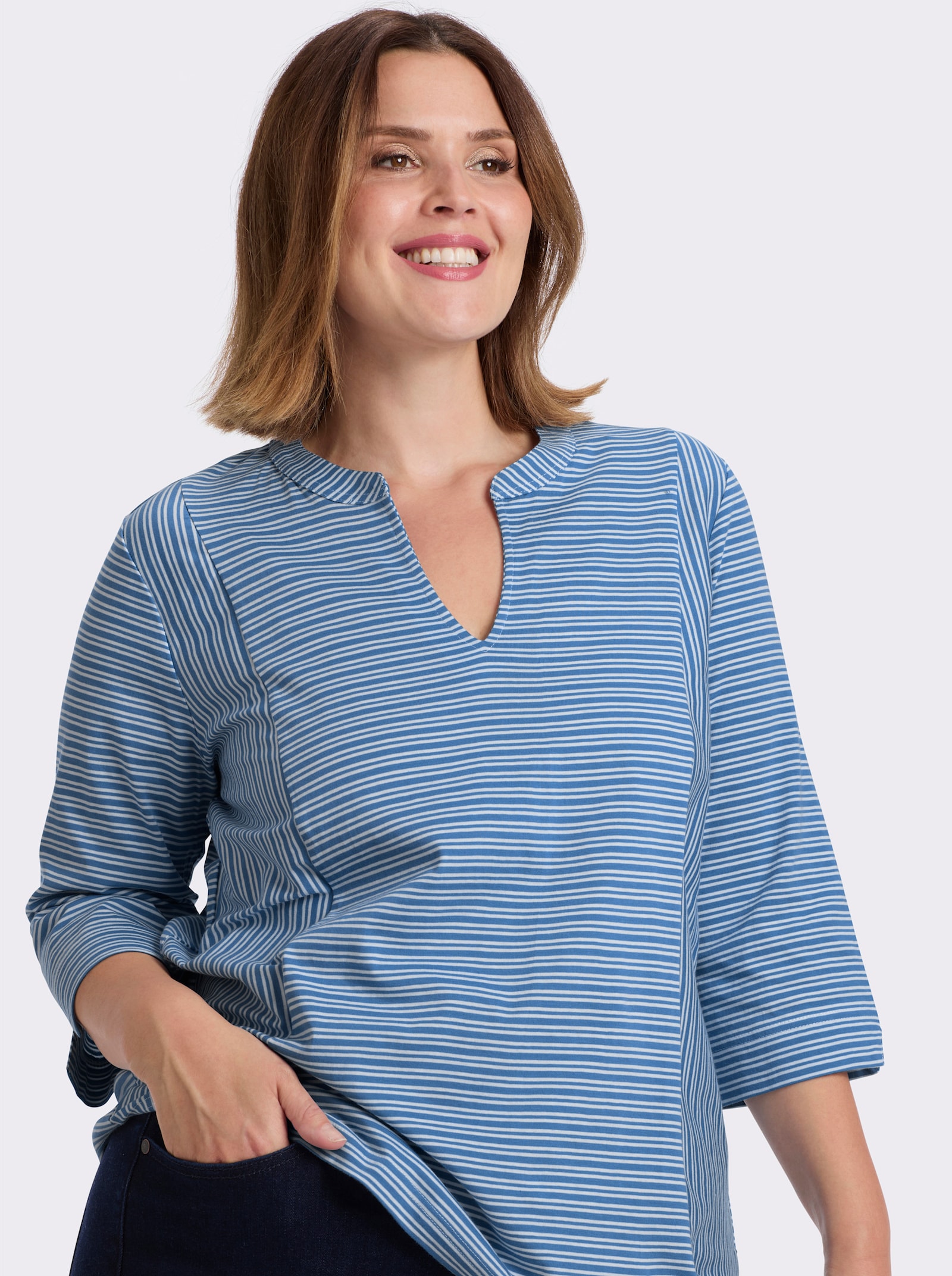 3/4-Arm-Shirt mit Ringel-Muster, garngefärbt - mittelblau-weiß-gestreift