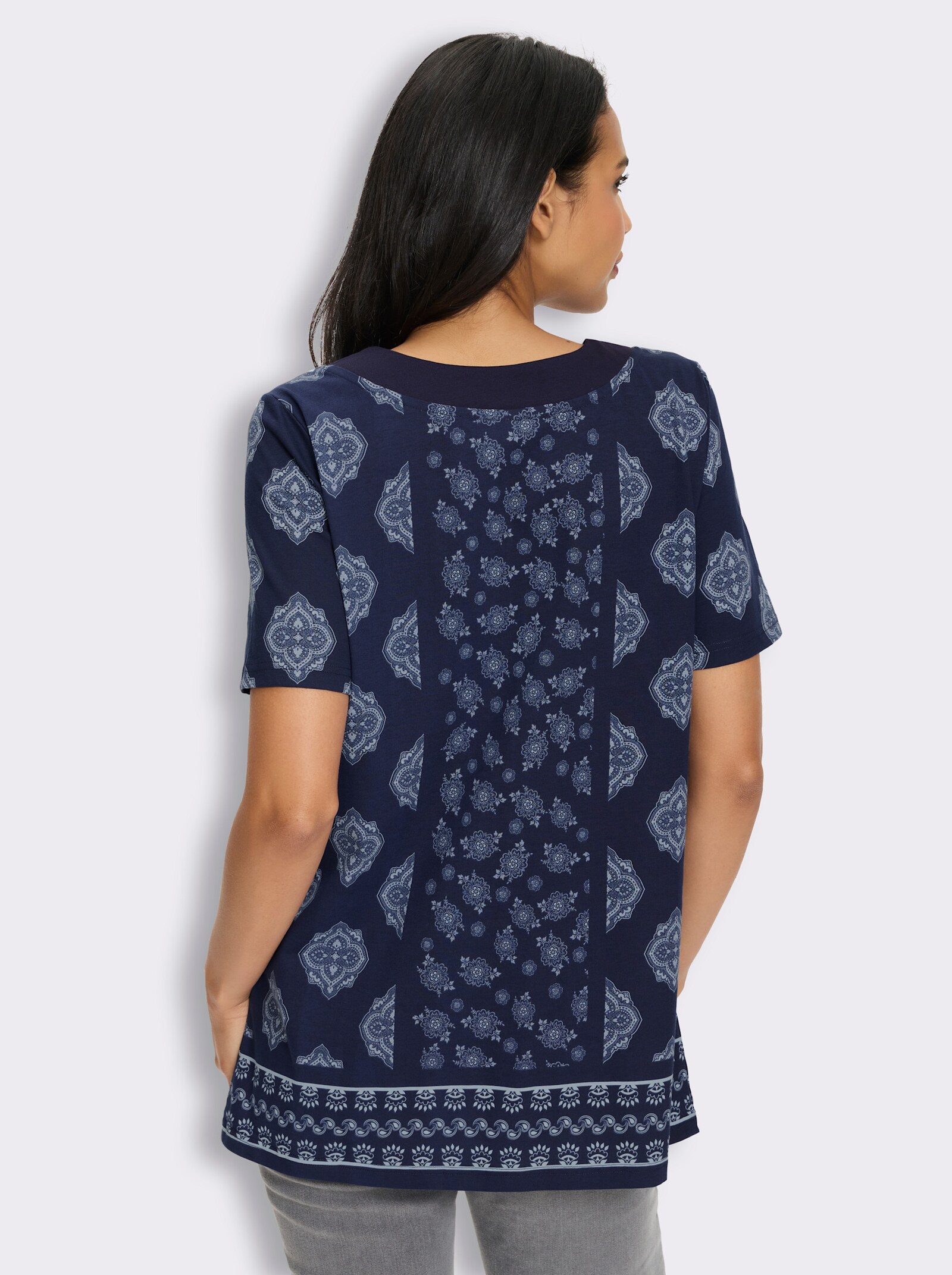 Longshirt mit gekräuseltem Rundhals-Ausschnitt - marine-hellblau-bedruckt