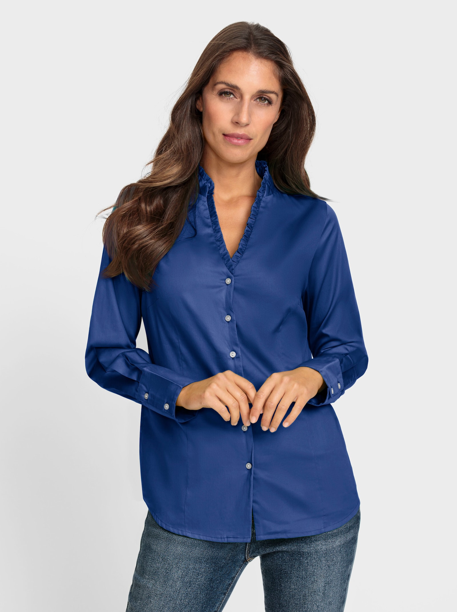 heine Blouse van satijn met ruches - koningsblauw