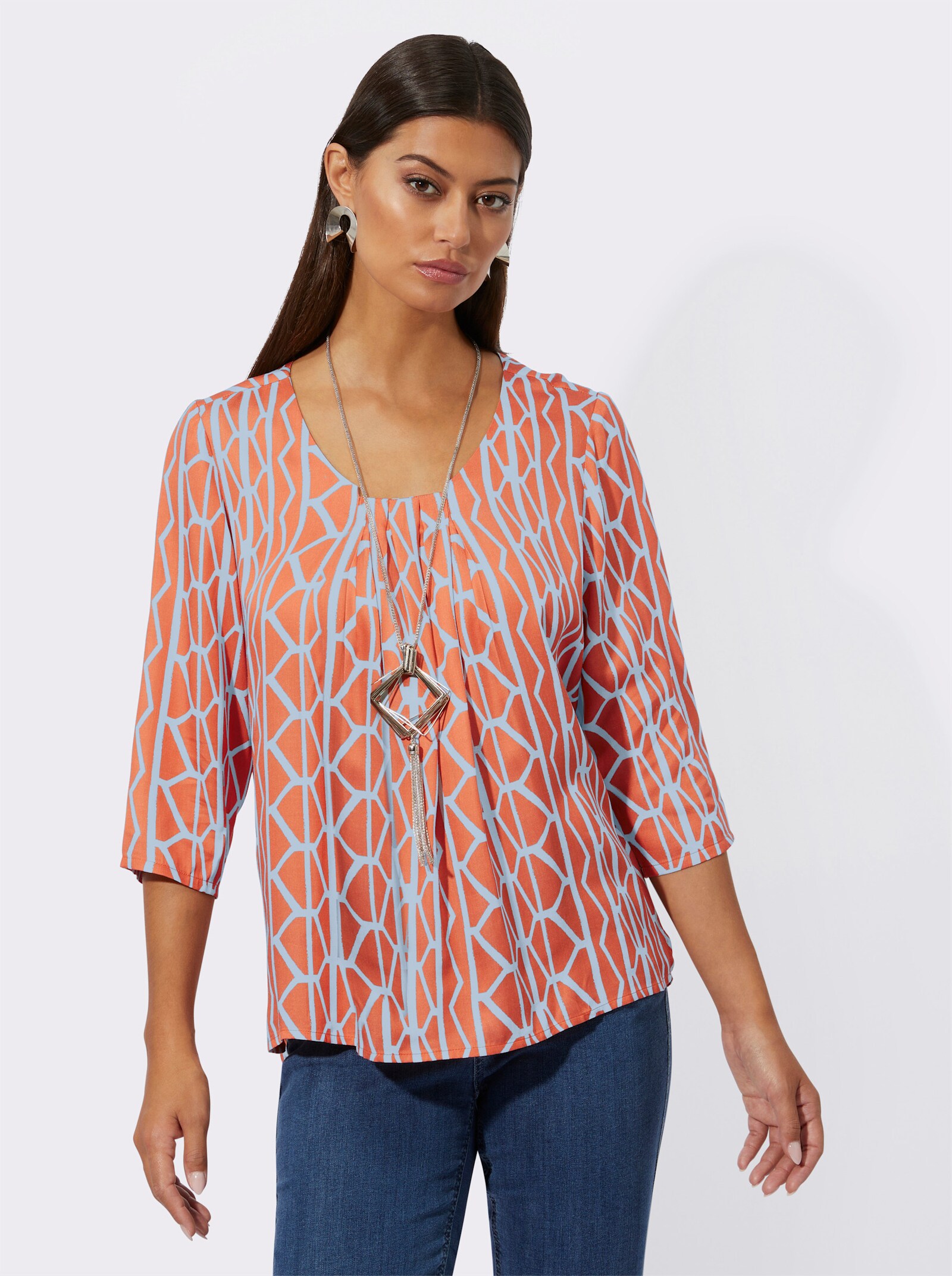 Druckbluse mit geometrischem Druck - papaya-hellblau-gemustert