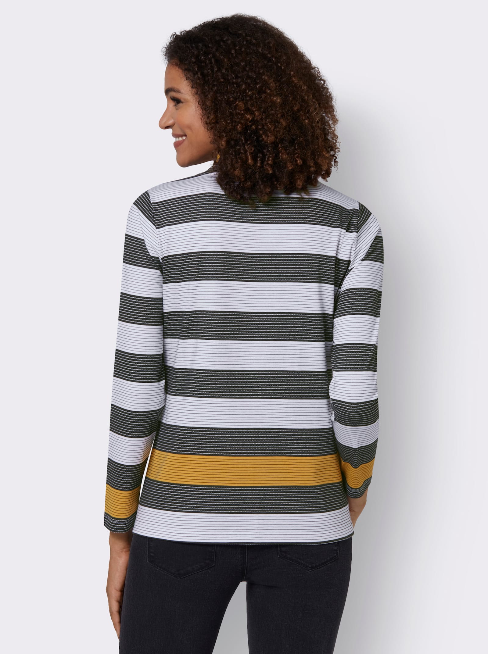 Stehkragenshirt mit weitenregulierbarem Kragen - ocker-schwarz-geringelt