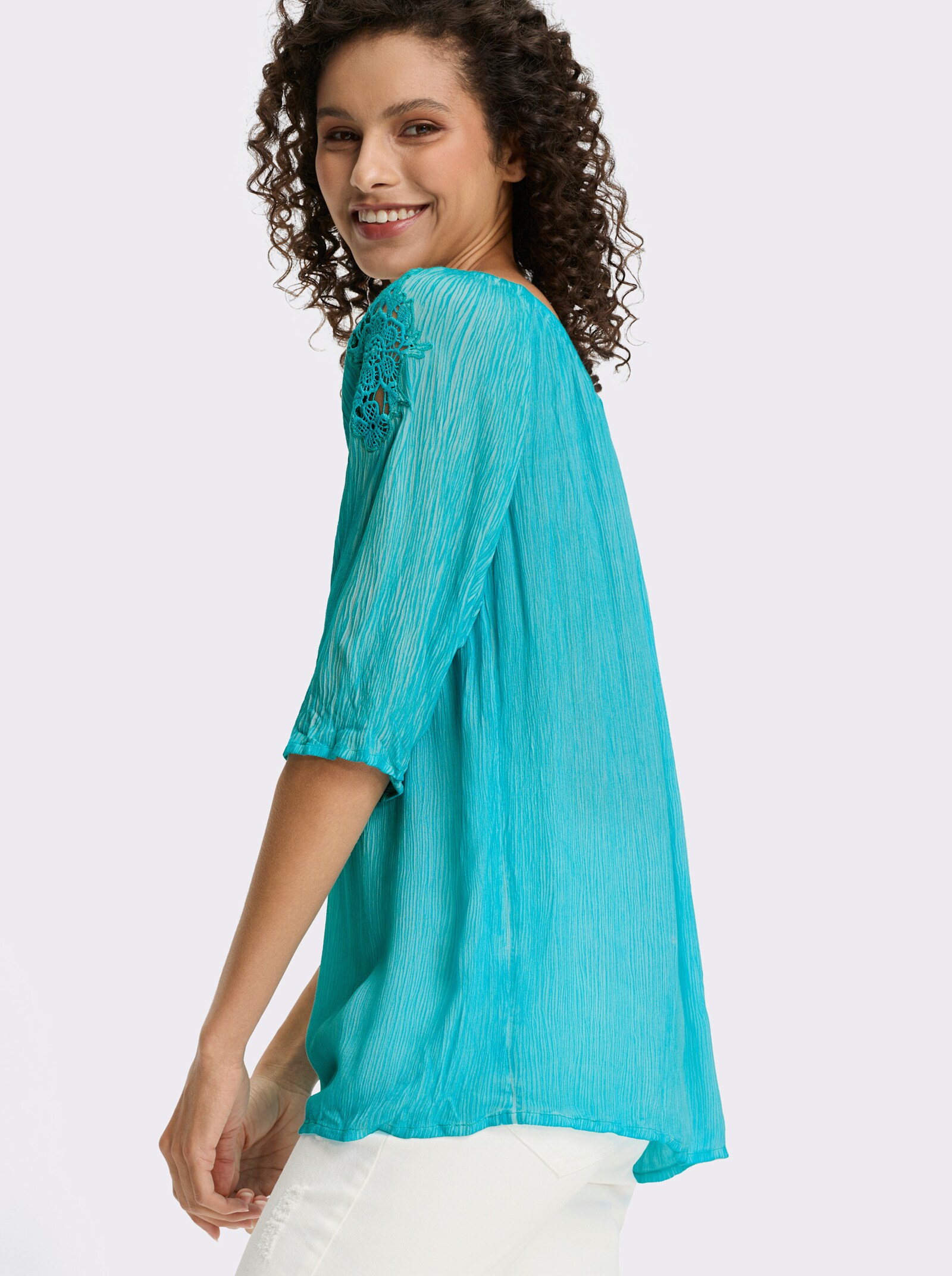 heine Carmenbluse mit Spitzeneinsatz - türkis