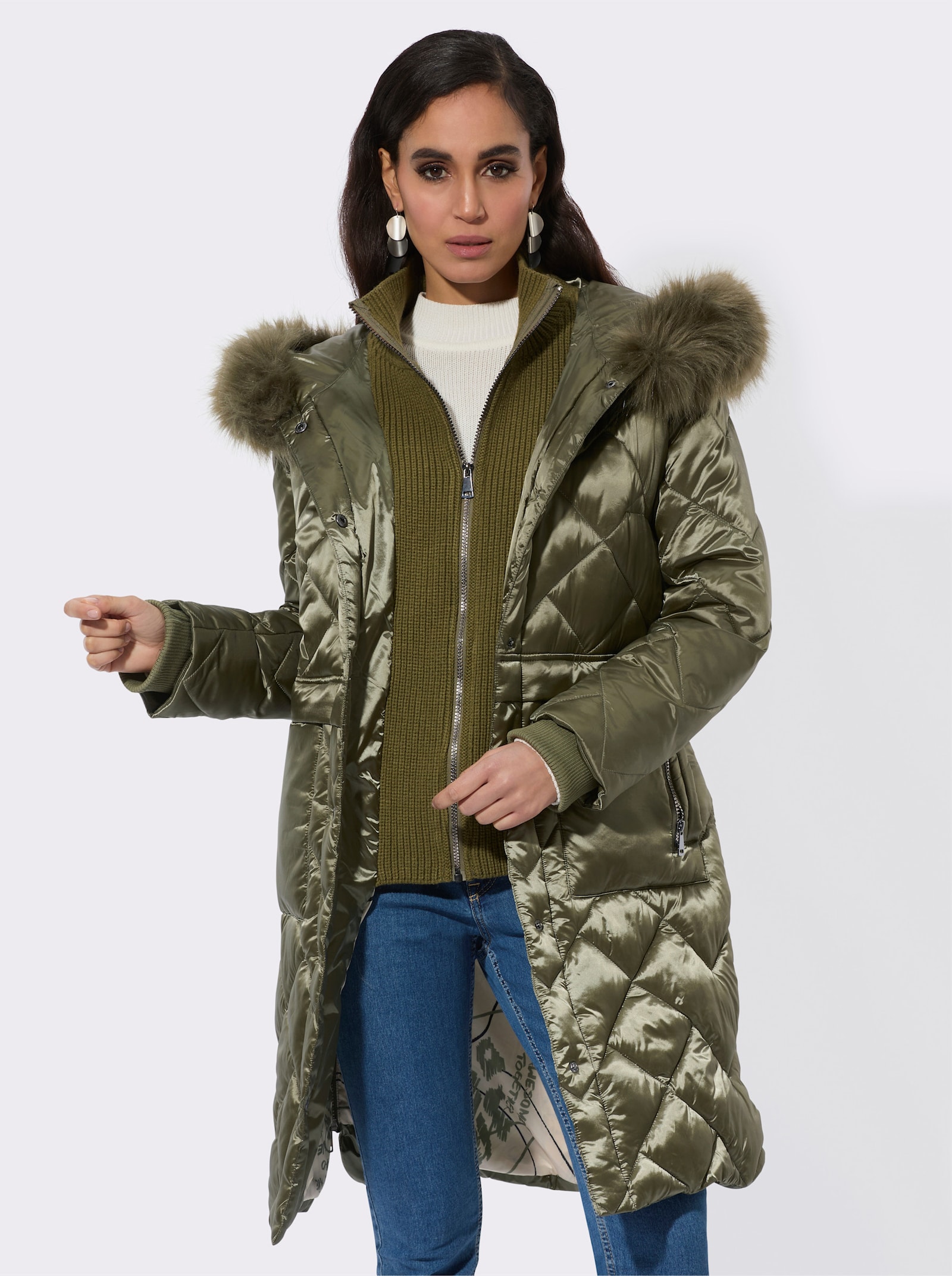 Manteau matelassé avec empiècement gilet en tricot - kaki