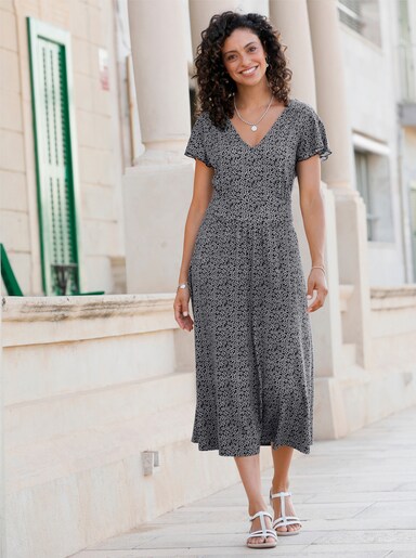 Jerseykleid mit Flügelärmeln und Smokpartie hinten - schwarz-weiß-bedruckt