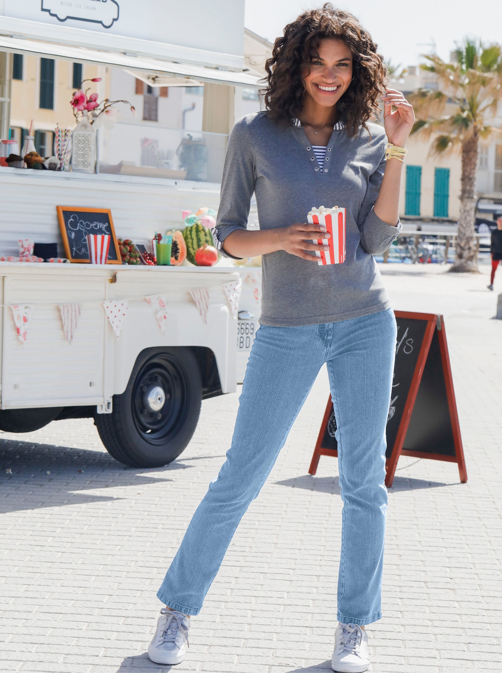 Tričko s 3/4 rukávem a vzhledem 2 v 1 - šedá-melír