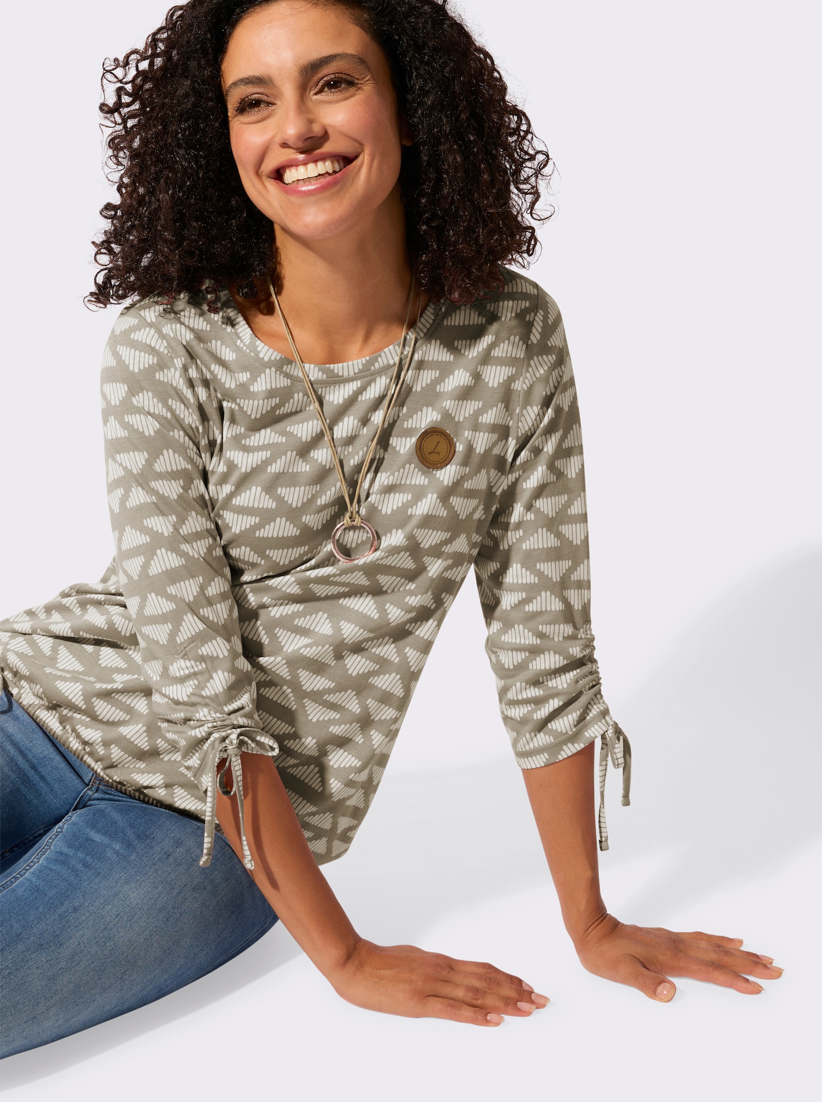 Rundhalsshirt im weichen Material-Mix - schlamm-ecru-bedruckt