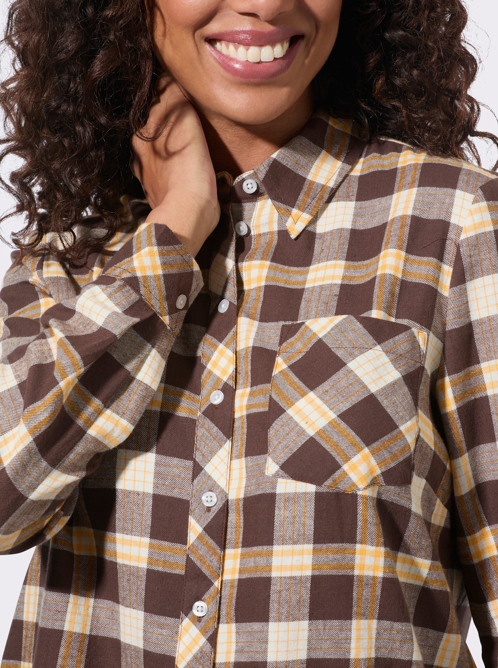 Flanellbluse mit abgerundetem Saum - schoko-ecru-kariert