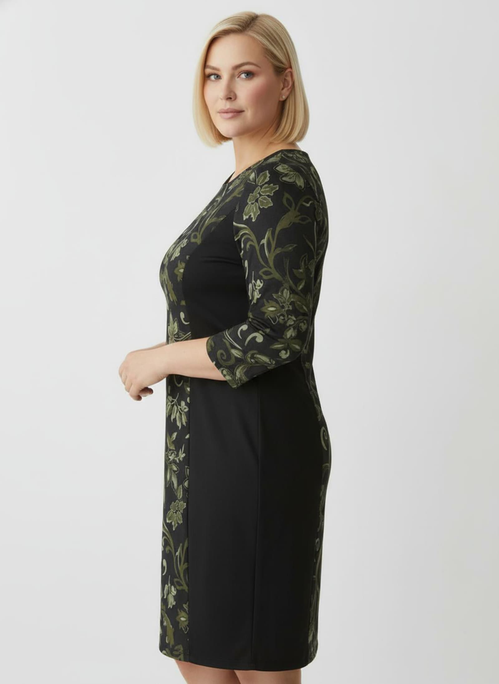 Jerseykleid im floralen Dessin - schwarz-oliv-bedruckt