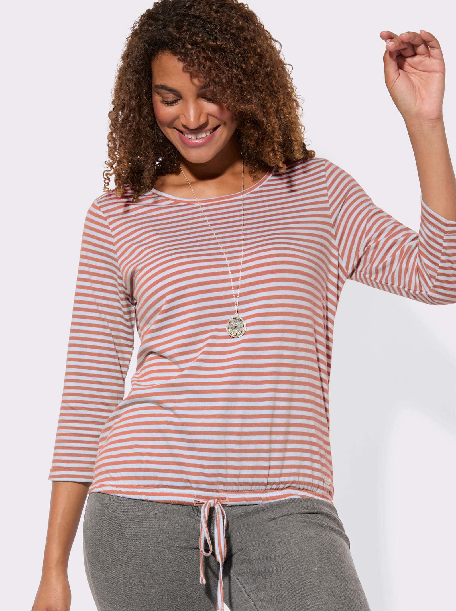 3/4-Arm-Shirt mit Kordel im Saum - papaya-weiß-geringelt