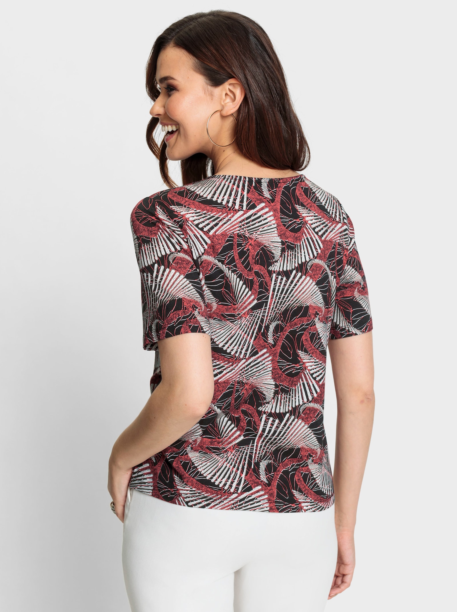 Kurzarmshirt in bewegungselastischer Qualität - schwarz-grapefruit-bedruckt