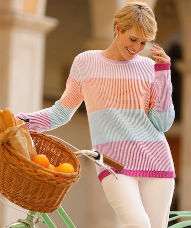 Langarm-Pullover mit Blockstreifen - fuchsia-aquamarin-gemustert